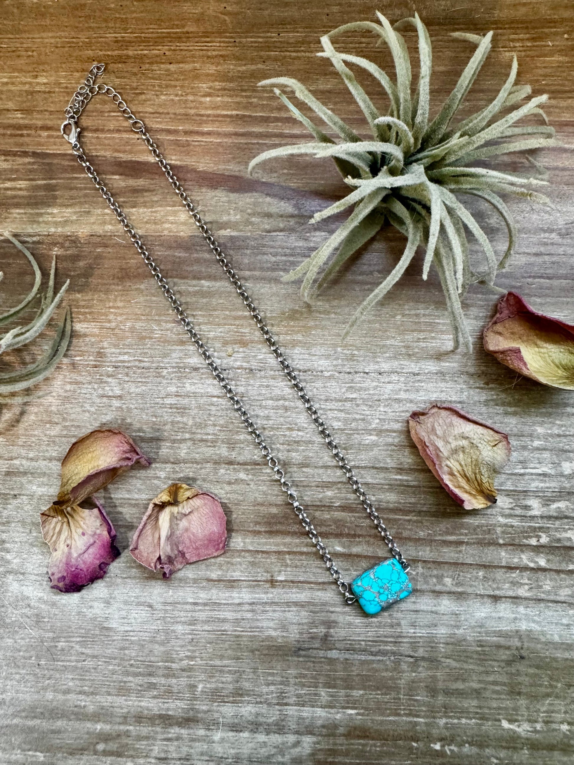 Hand-strung Variscite Turquoise necklace with sterling silver pearls, crafted in North Texas. Beautiful greenish-blue gemstones with a unique Western style