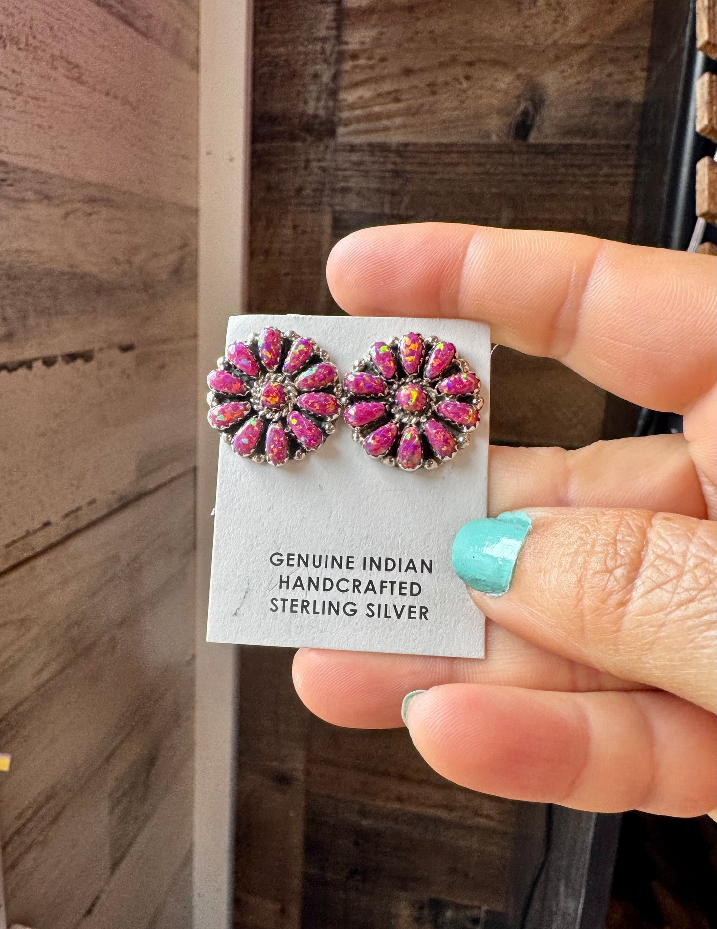 Handcrafted sterling silver cluster earrings featuring deep pink opal stones in a bold design. Stamped AN (believed to be). Made in the USA. One-of-a-kind and curated by The Bijoux FAB.