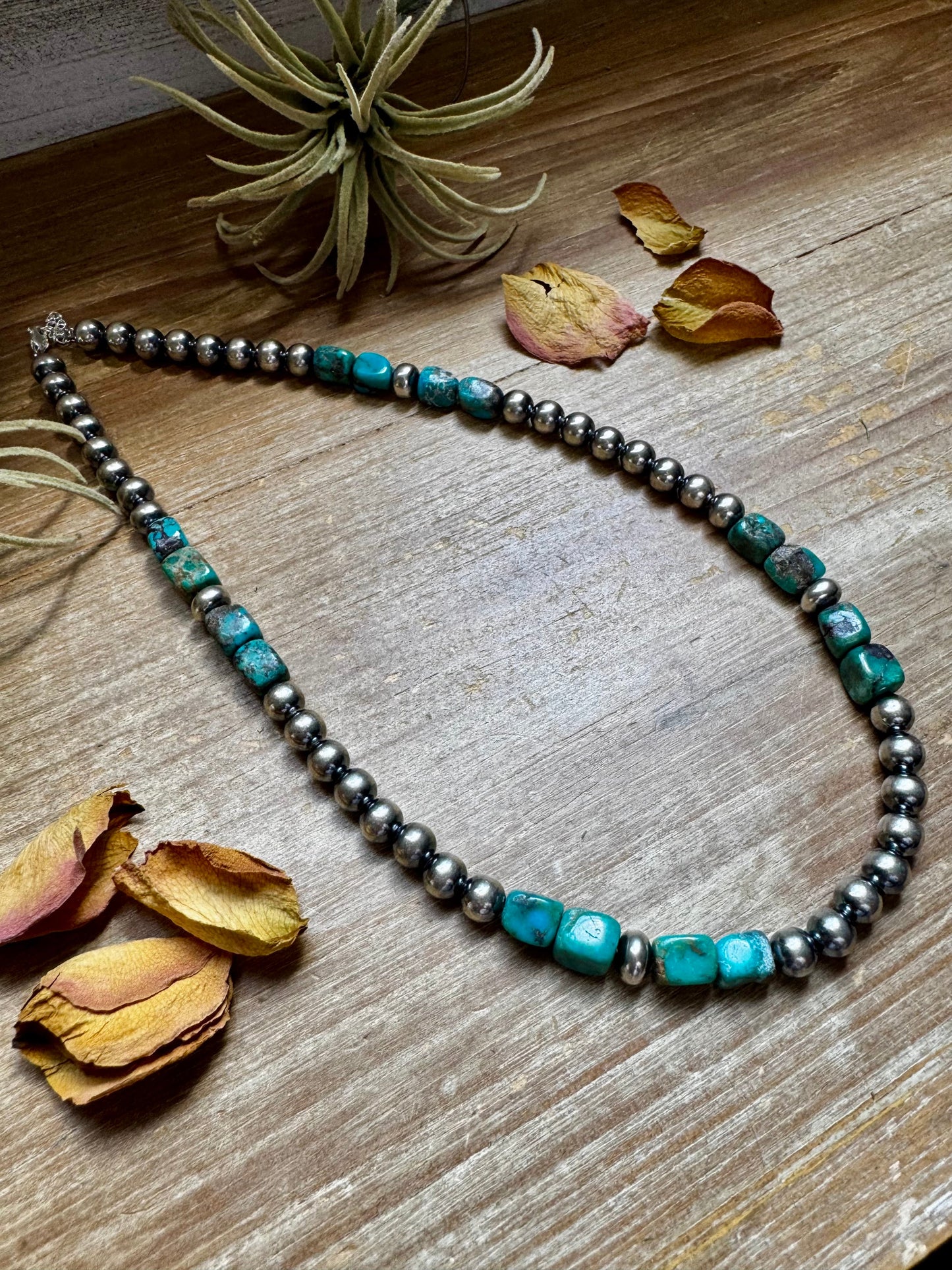 Blue Turquoise & Sterling Silver Necklace – 8 mm Pearls – 20 ½ Inch