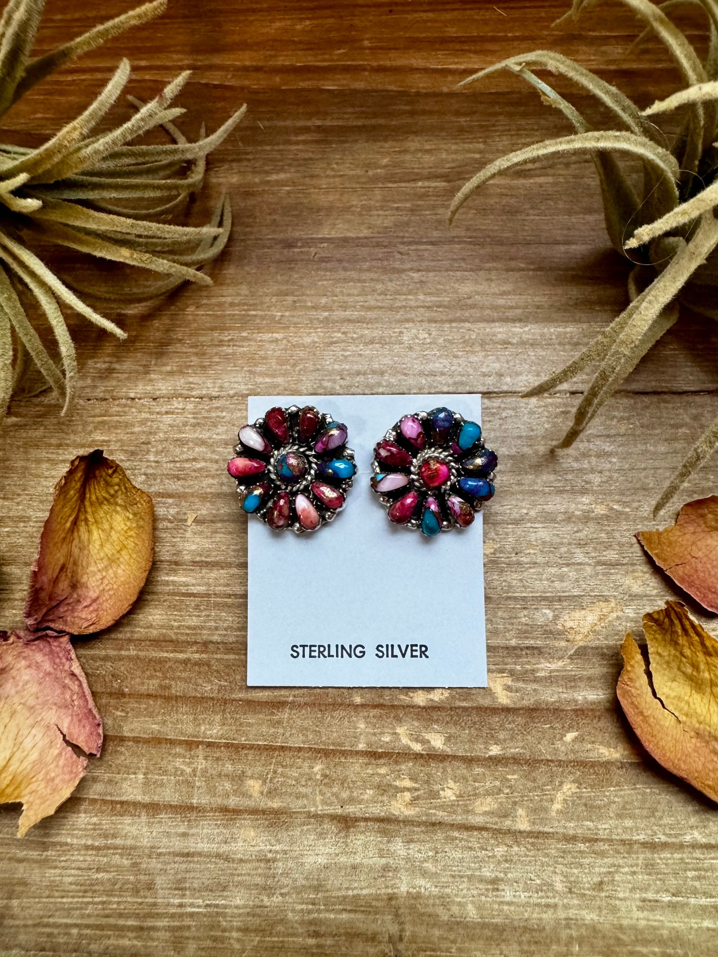 Handcrafted full cluster earrings featuring vibrant Pink Dahlia stones set in solid sterling silver. Stamped JW and made in the USA. Lightweight and unique. Curated by The Bijoux FAB.