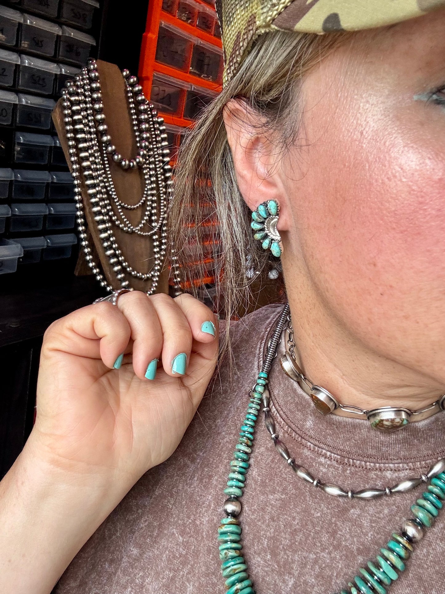Handcrafted turquoise half cluster earrings made with genuine turquoise stones and solid sterling silver. Stamped LW. Each pair has unique color and pattern variations. Made in the USA and curated by The Bijoux FAB.