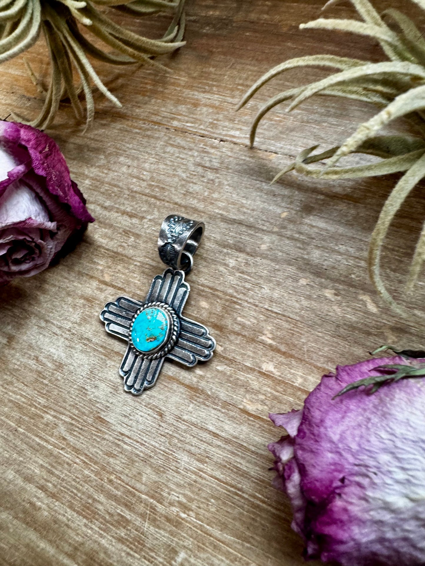 Zia Symbol Pendant with Sonoran Gold Turquoise – Sterling Silver – Native Made by K. Billah – Fits 8mm