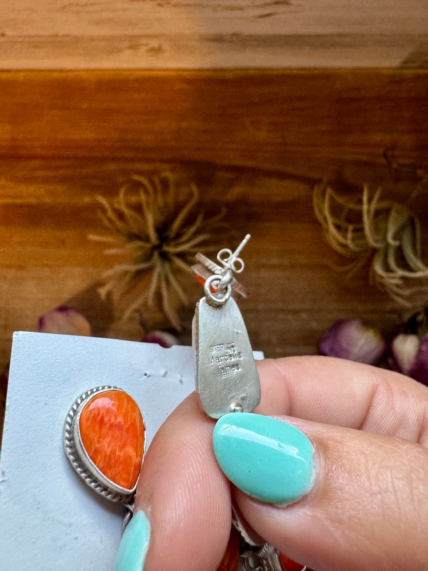 Spiny Oyster Dangle Earrings – Sterling Silver – Native Made by Marcella James