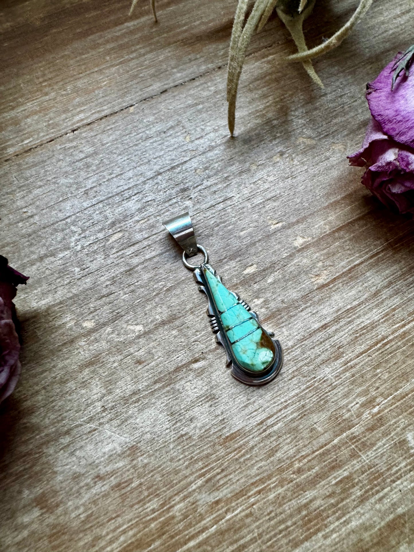 Sterling silver teardrop pendant with Kingman turquoise stone, Option 3 variation, stamped SF, Native made in the USA, fits 5mm pearls