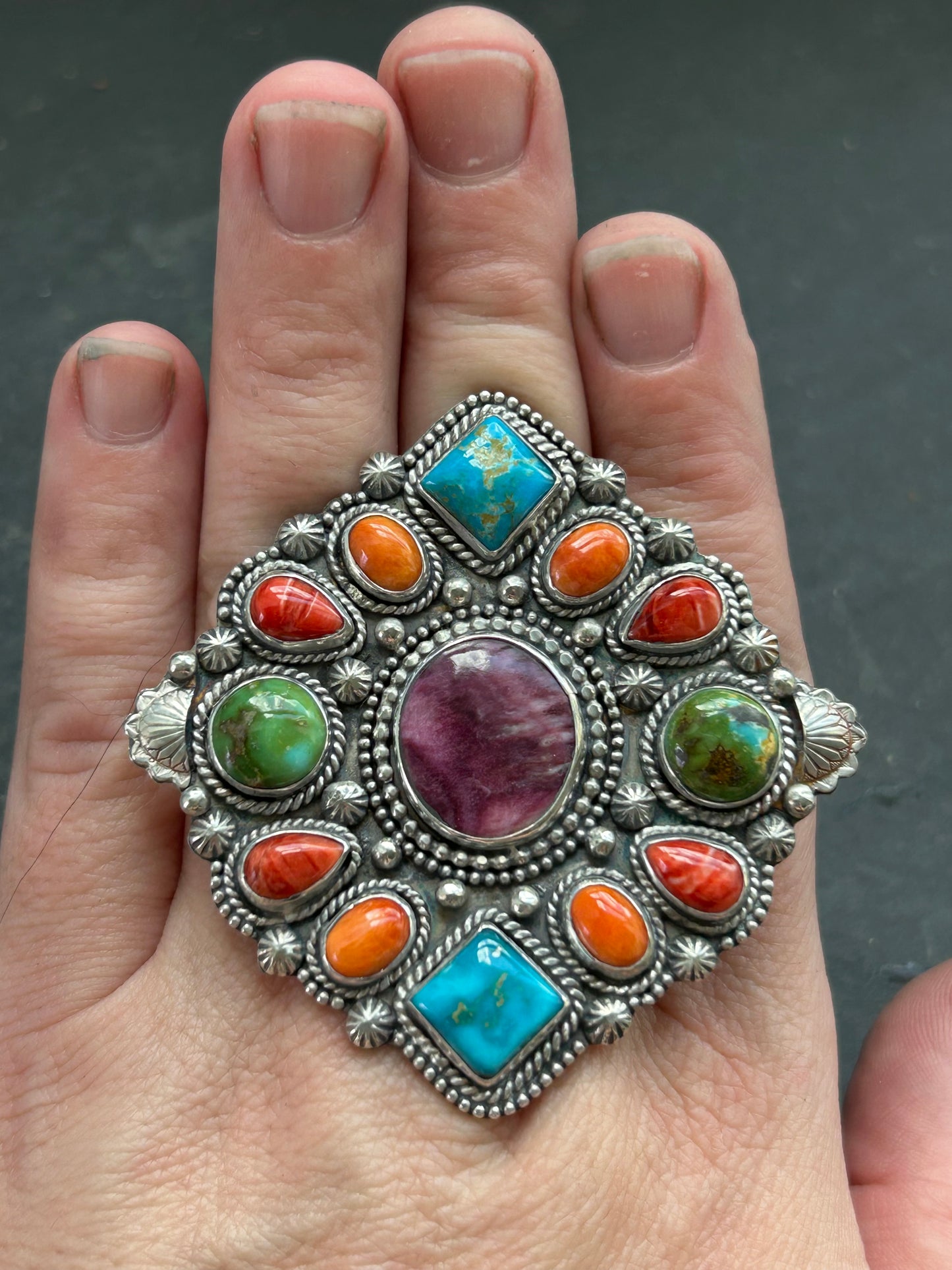 Mosaic Cluster Ring – Sterling Silver – Sonoran Mountain, Blue Ridge Turquoise & Spiny Oyster – Size 9 – Artist Shay Pfeiffer
