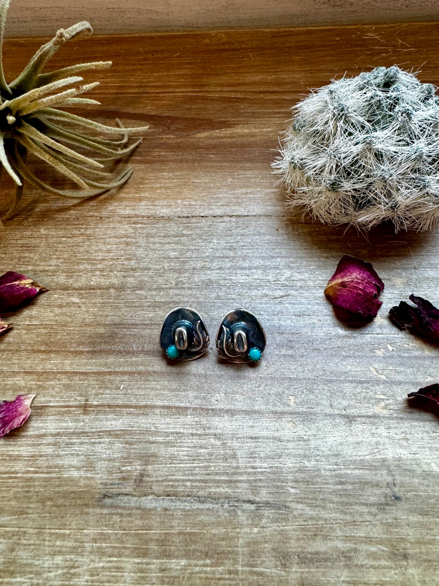 Sterling silver cowboy hat stud earrings with Kingman turquoise accent, Native made in the USA