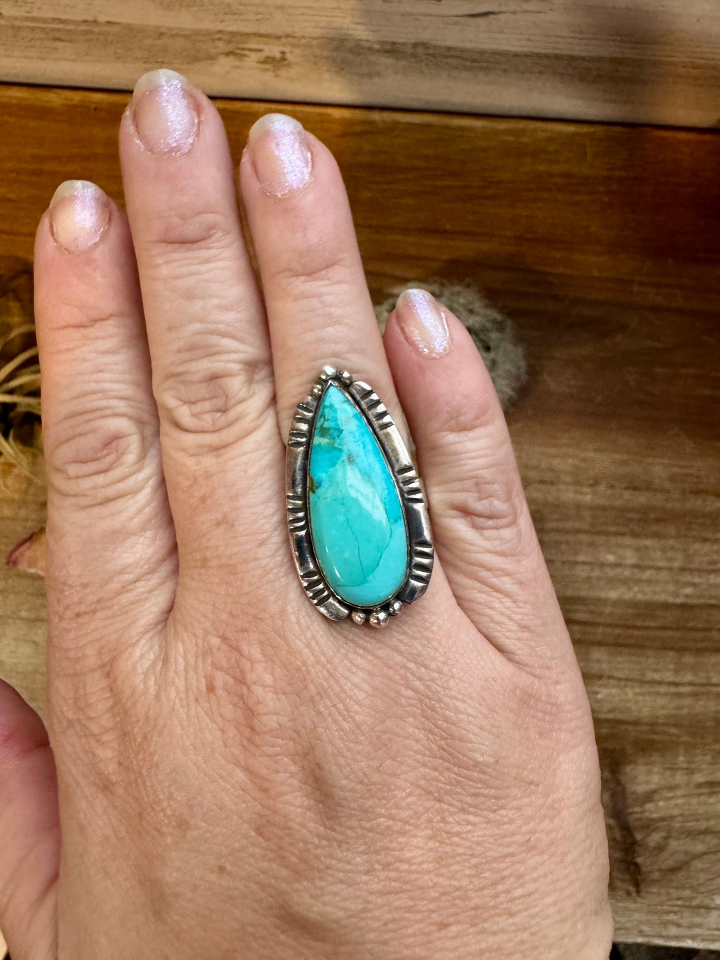 Long Ring- adjustable- Kingman turquoise ring and sterling silver
