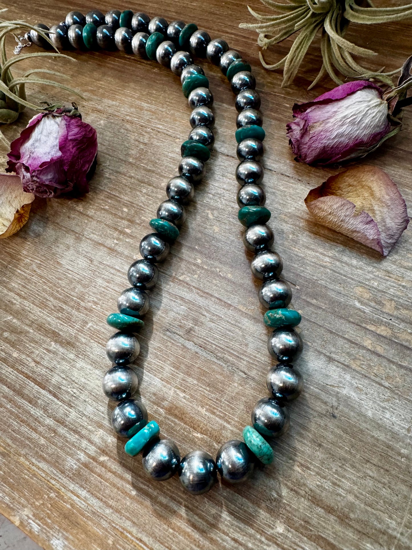 NFR Collection Necklace – 14mm Sterling Silver Pearls with 16mm Green Turquoise Rondelles – 28.5"
