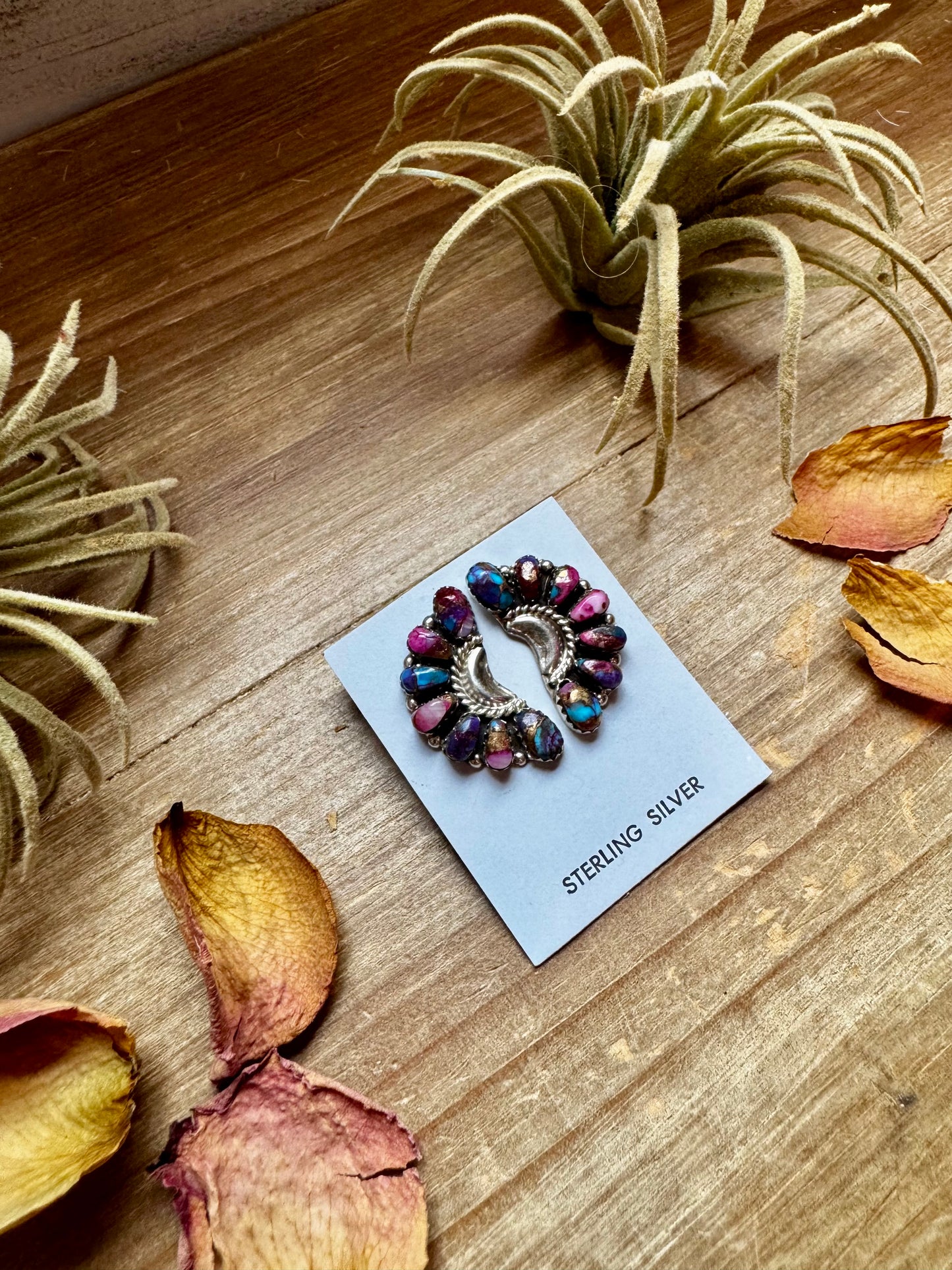 Half cluster earrings handcrafted with vibrant pink dahlia stones set in solid sterling silver. Stamped JW and made in the USA. Each pair is one of a kind. Curated by The Bijoux FAB.