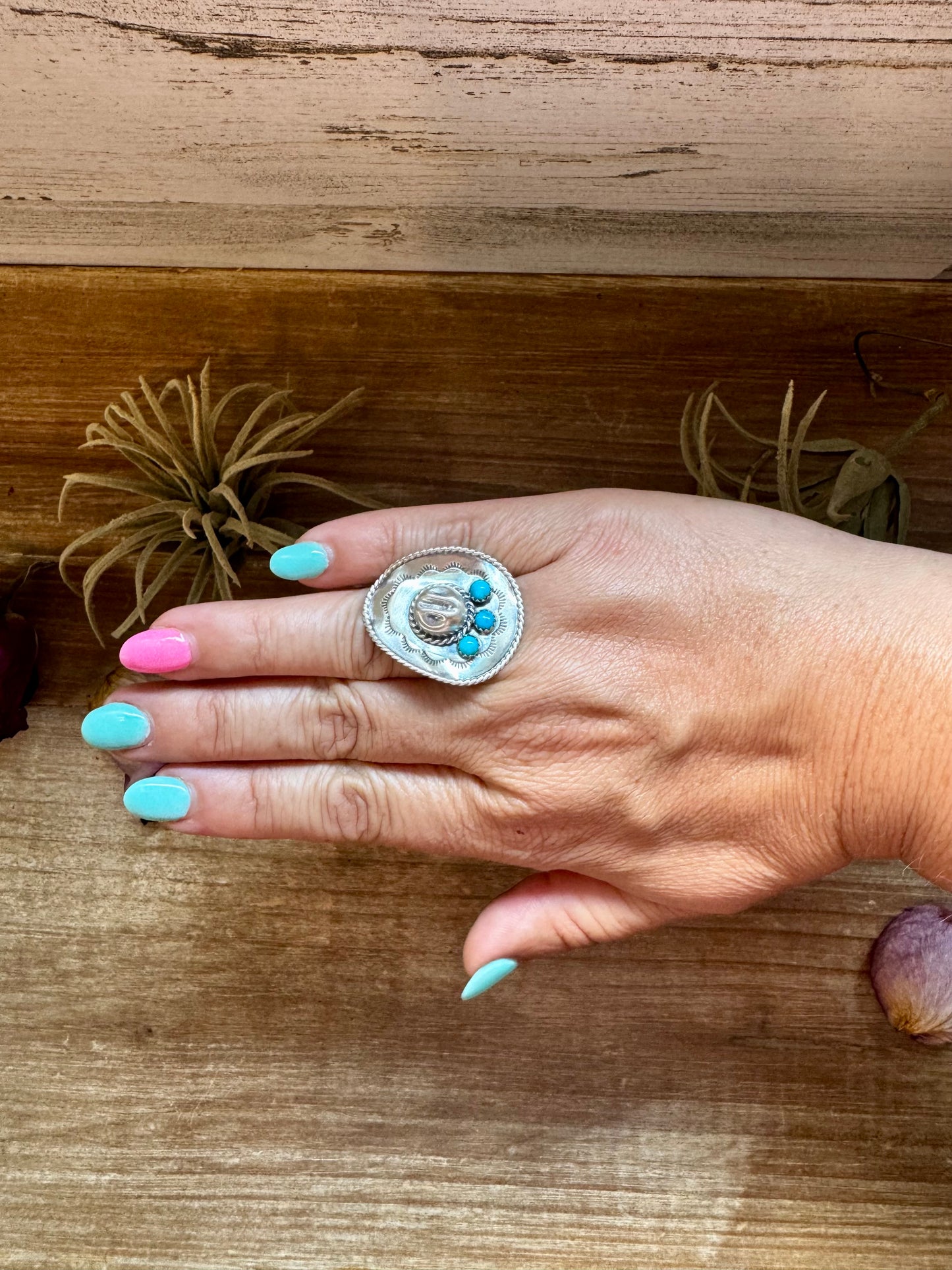 Sterling silver cowboy hat ring with three Kingman turquoise stones, size 7.5, Native made in the USA