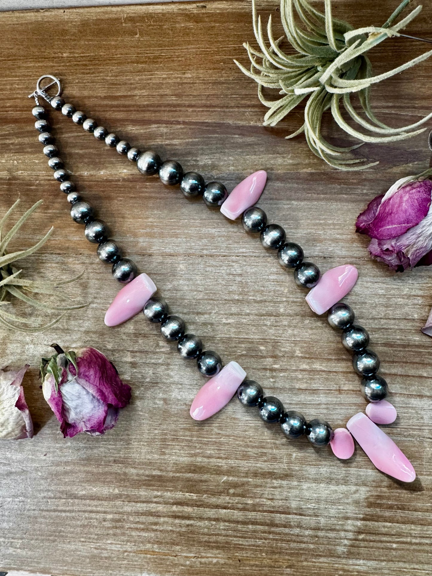 23-inch sterling silver pearl necklace with pink conch shell centerpiece, handmade by The Bijoux FAB in the USA, NFR Collection