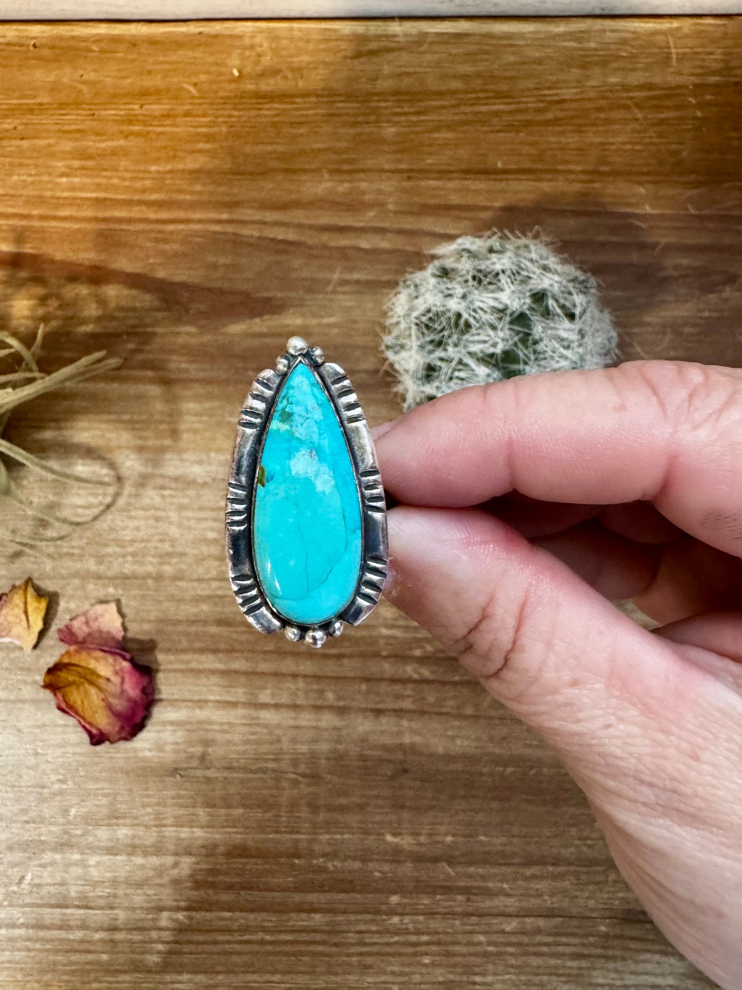 Long Ring- adjustable- Kingman turquoise ring and sterling silver