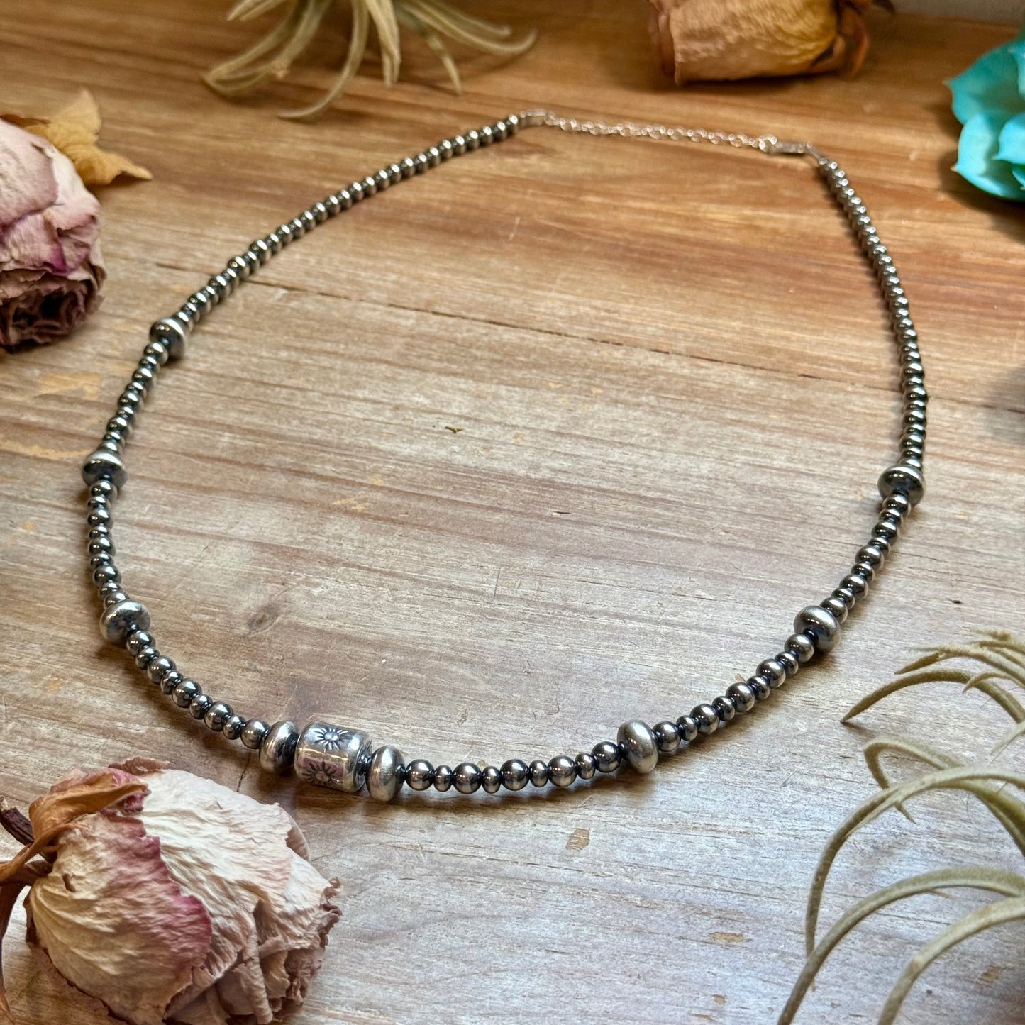 Sterling Silver Pearl, Saucer & Barrel Bead Necklace