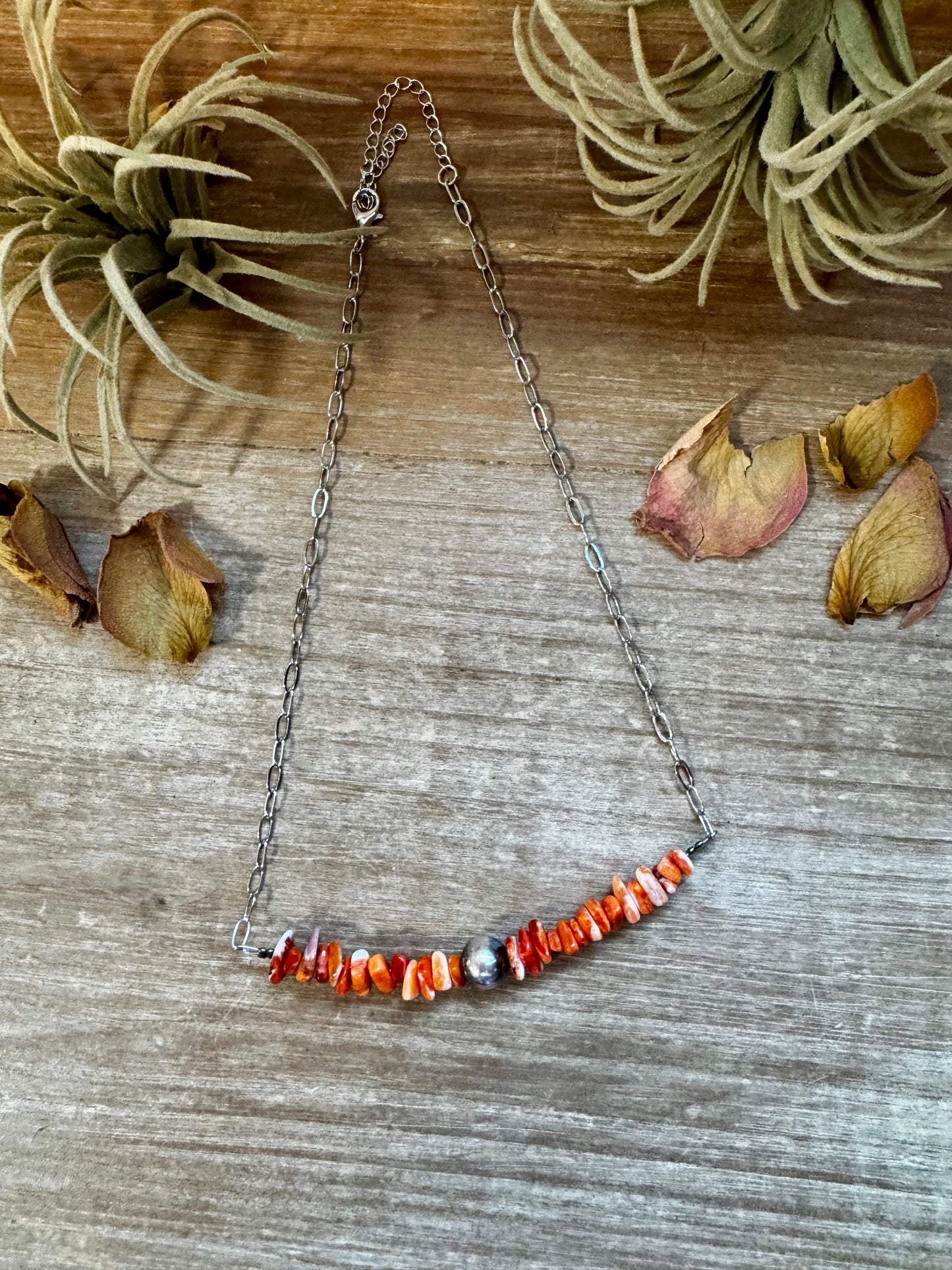 17" silver plated paperclip chain necklace with spiny oyster chips and 10mm sterling silver pearl bead, handmade by The Bijoux FAB in the USA