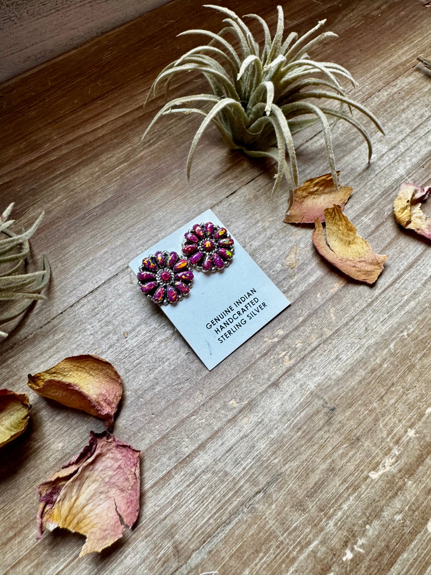 Handcrafted sterling silver cluster earrings featuring deep pink opal stones in a bold design. Stamped AN (believed to be). Made in the USA. One-of-a-kind and curated by The Bijoux FAB.