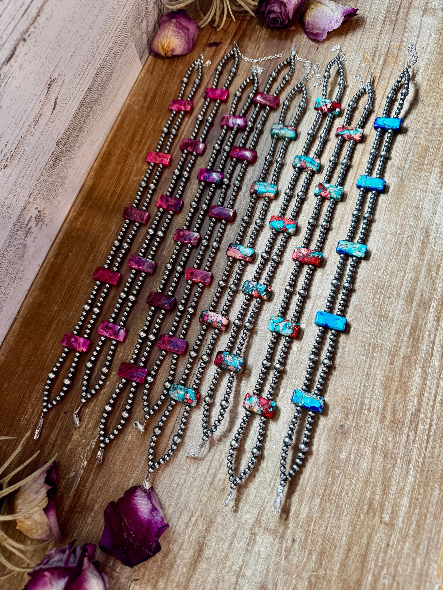 Pink/turquoise Double Strand Necklace – 13” Beaded – Sterling Silver Pearls & Rectangle Variscite Turquoise