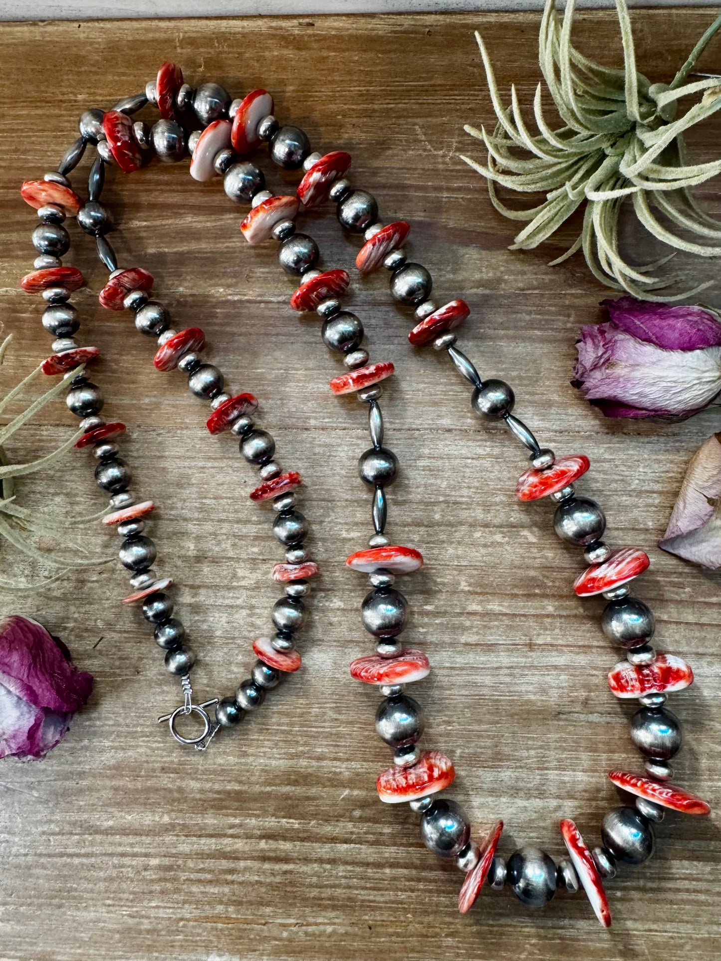 45-inch sterling silver pearl necklace with graduated spiny oyster and torpedo pearl accents, handmade by The Bijoux FAB in the USA, NFR Collection