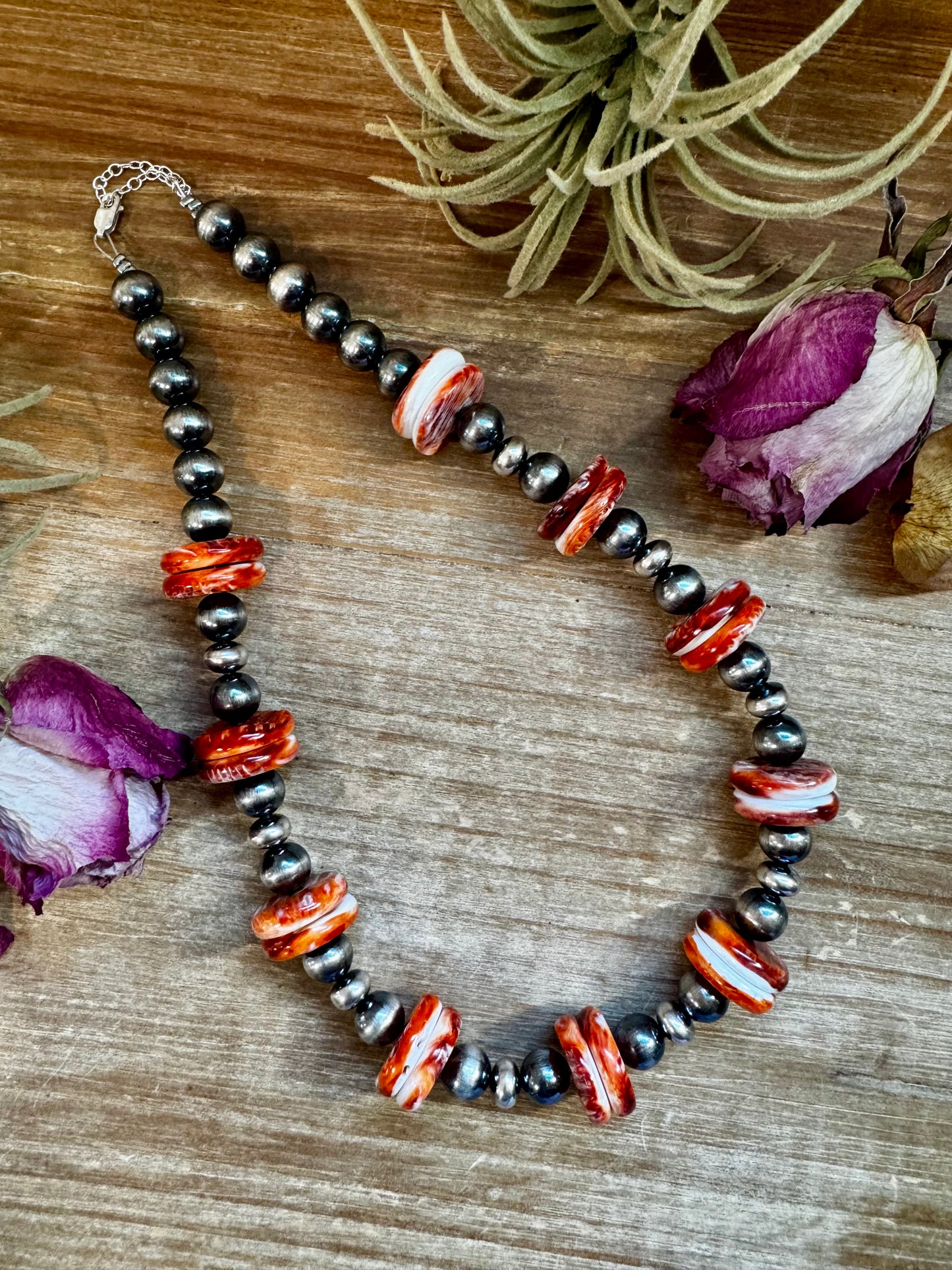 19-inch sterling silver pearl necklace with 20mm red spiny oyster centerpiece, handmade by The Bijoux FAB in the USA, NFR Collection
