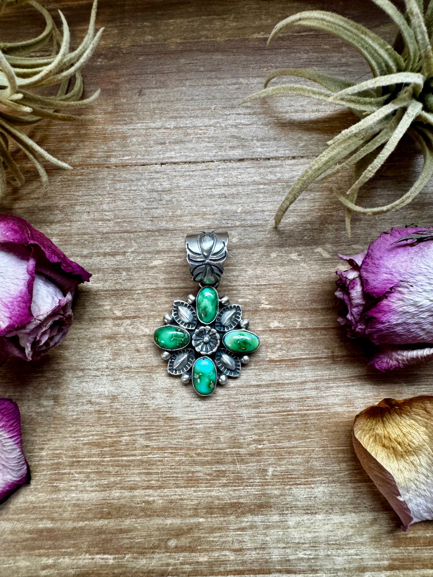 Sterling silver flower pendant with Sonoran Gold turquoise stone, Option 2 variation, handmade by Charles Johnson, Native made in the USA, fits 10mm pearls