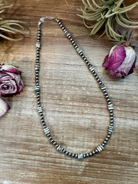 19-inch sterling silver pearl necklace with 7–8mm K2 Azurite rondelles, handmade by The Bijoux FAB in the USA