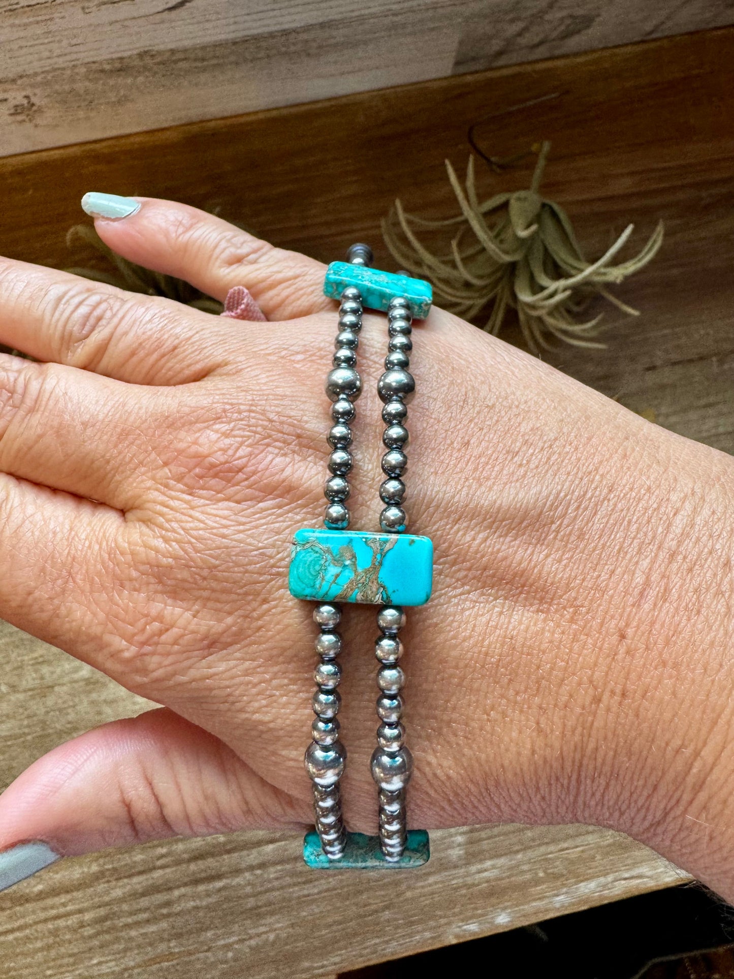 Double Strand Necklace – 13” Beaded – Sterling Silver Pearls & Rectangle Variscite Turquoise