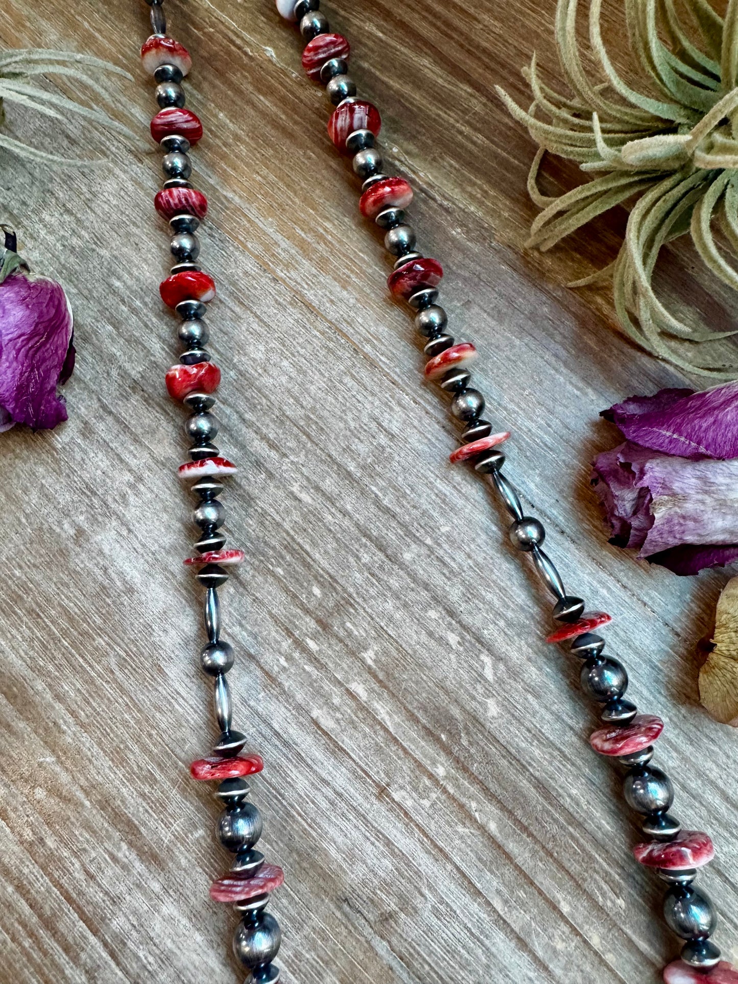 NFR Collection Necklace – Sterling Silver Torpedo Pearls with Red Spiny Oyster – Handmade by The Bijoux FAB – 39"