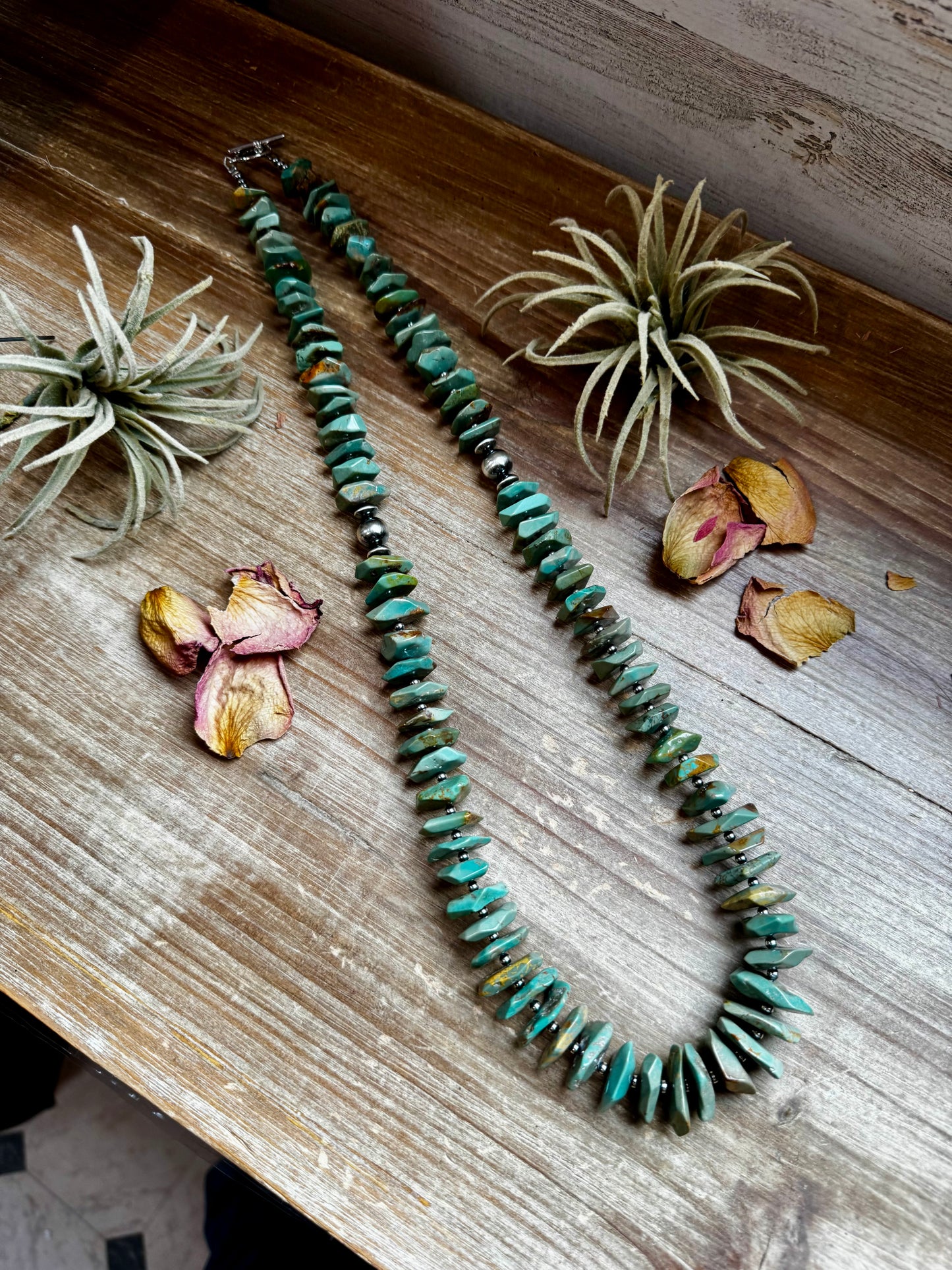 28.5-inch faceted freeform turquoise necklace with 3mm sterling pearls, 10mm accent beads, silver saucers, and non-tarnish hook