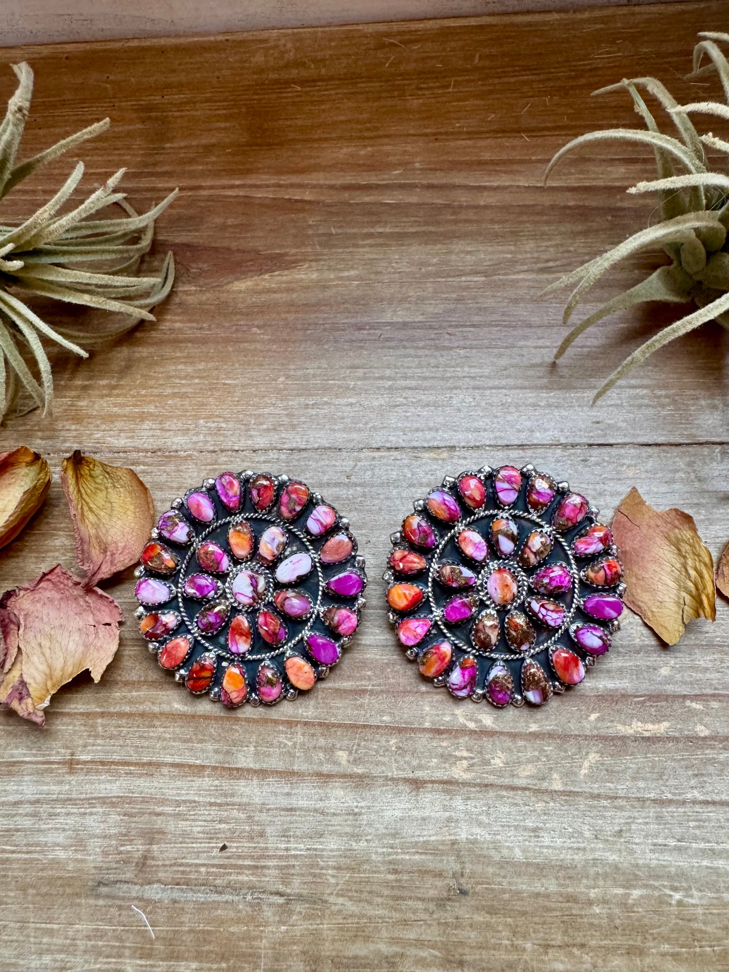 Oversized handcrafted cluster earrings featuring vibrant Pink Dahlia stones set in solid sterling silver. Stamped DLW. Made in the USA. One of a kind. Curated by The Bijoux FAB.