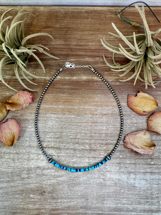 14-inch handmade choker with lapis and turquoise heishi, sterling silver saucer, made in USA by The Bijoux FAB