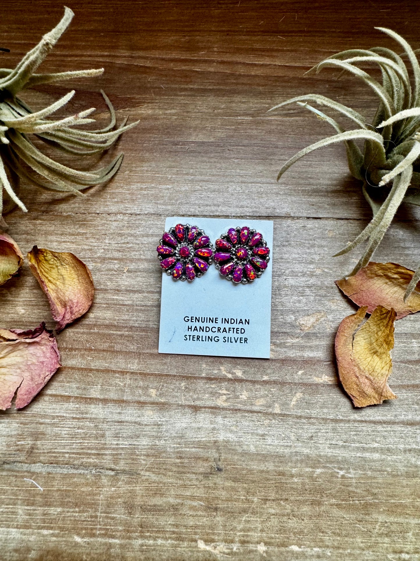 Handcrafted sterling silver cluster earrings featuring deep pink opal stones in a bold design. Stamped AN (believed to be). Made in the USA. One-of-a-kind and curated by The Bijoux FAB.