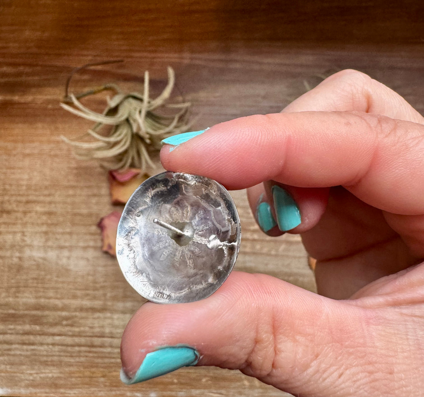 Handcrafted sterling silver concho earrings featuring genuine Kingman turquoise and unique hand-stamped details. Stamped STERLING and made in the USA. Each pair is slightly different. Curated by The Bijoux FAB.