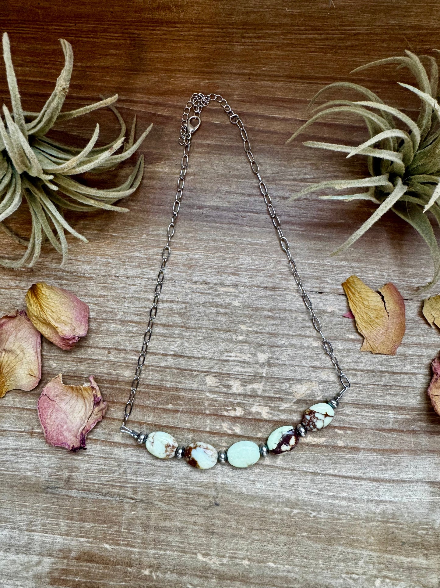 Handmade 15-inch lemon turquoise magnetite necklace with 5mm sterling silver saucer pearls on silver paperclip chain, made by The Bijoux FAB