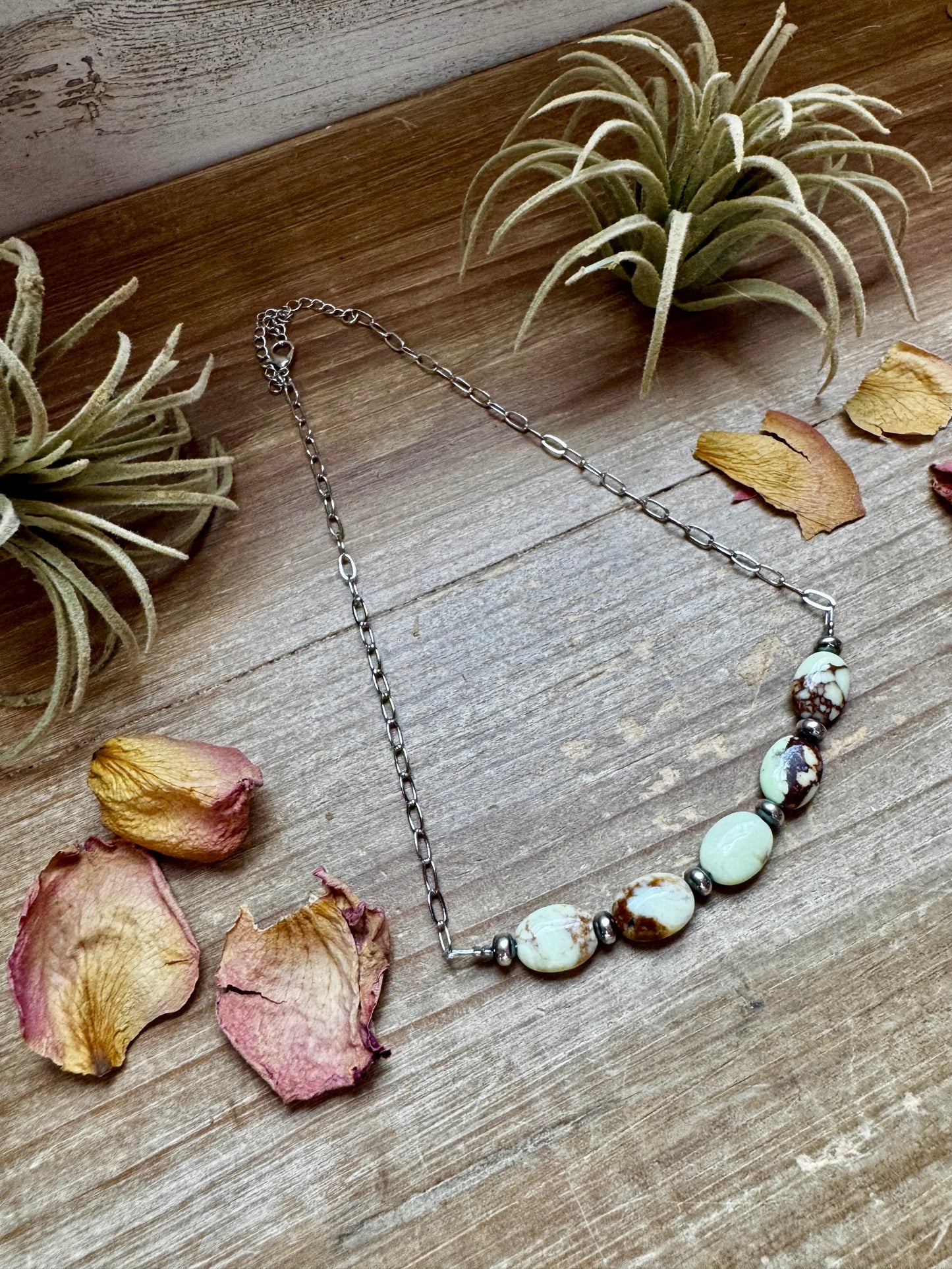 Handmade 15-inch lemon turquoise magnetite necklace with 5mm sterling silver saucer pearls on silver paperclip chain, made by The Bijoux FAB