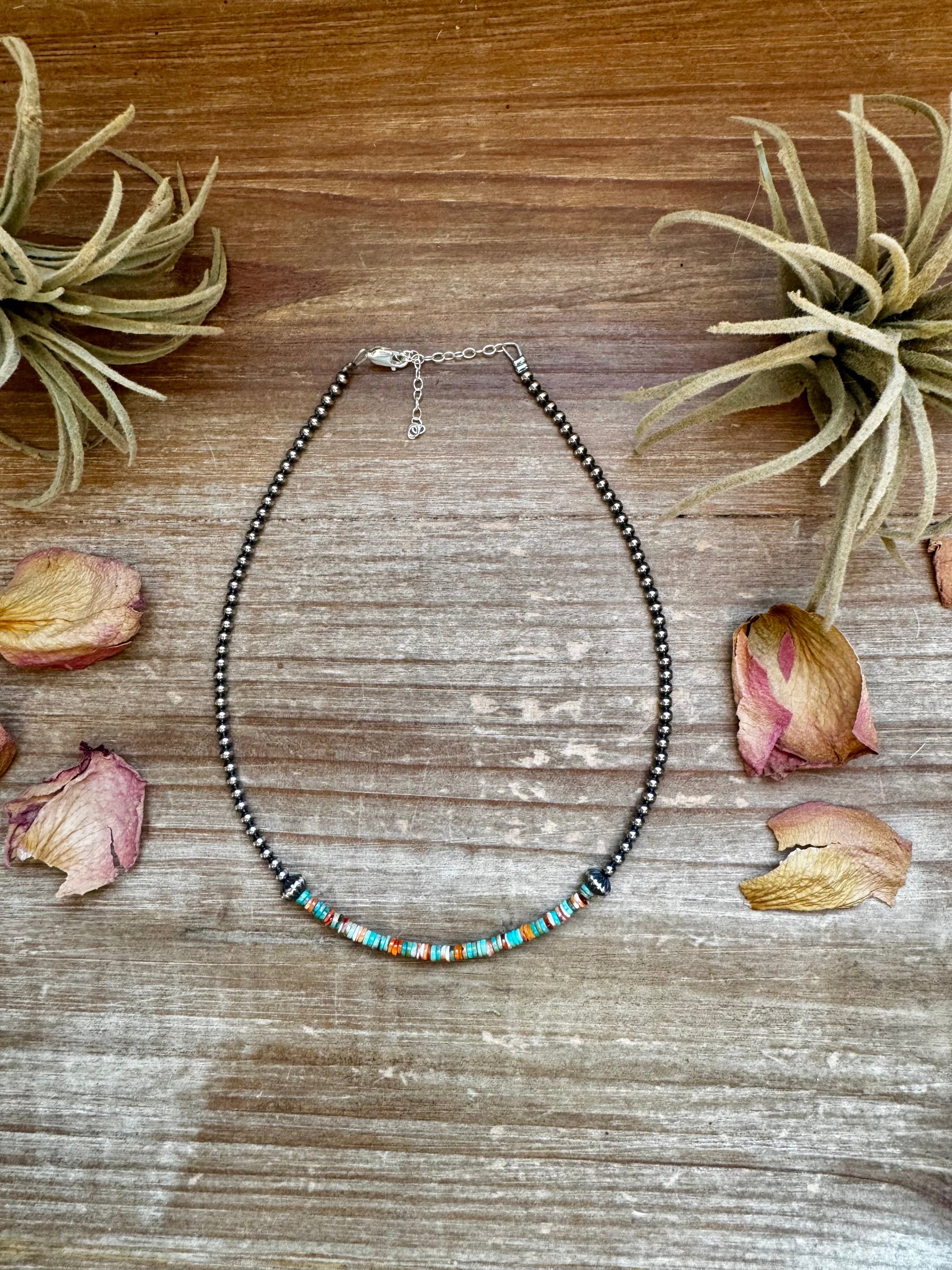 Handmade sterling silver pearl choker with turquoise and spiny oyster heishi beads, 14 inches + 2-inch extender, made by The Bijoux FAB in Texas