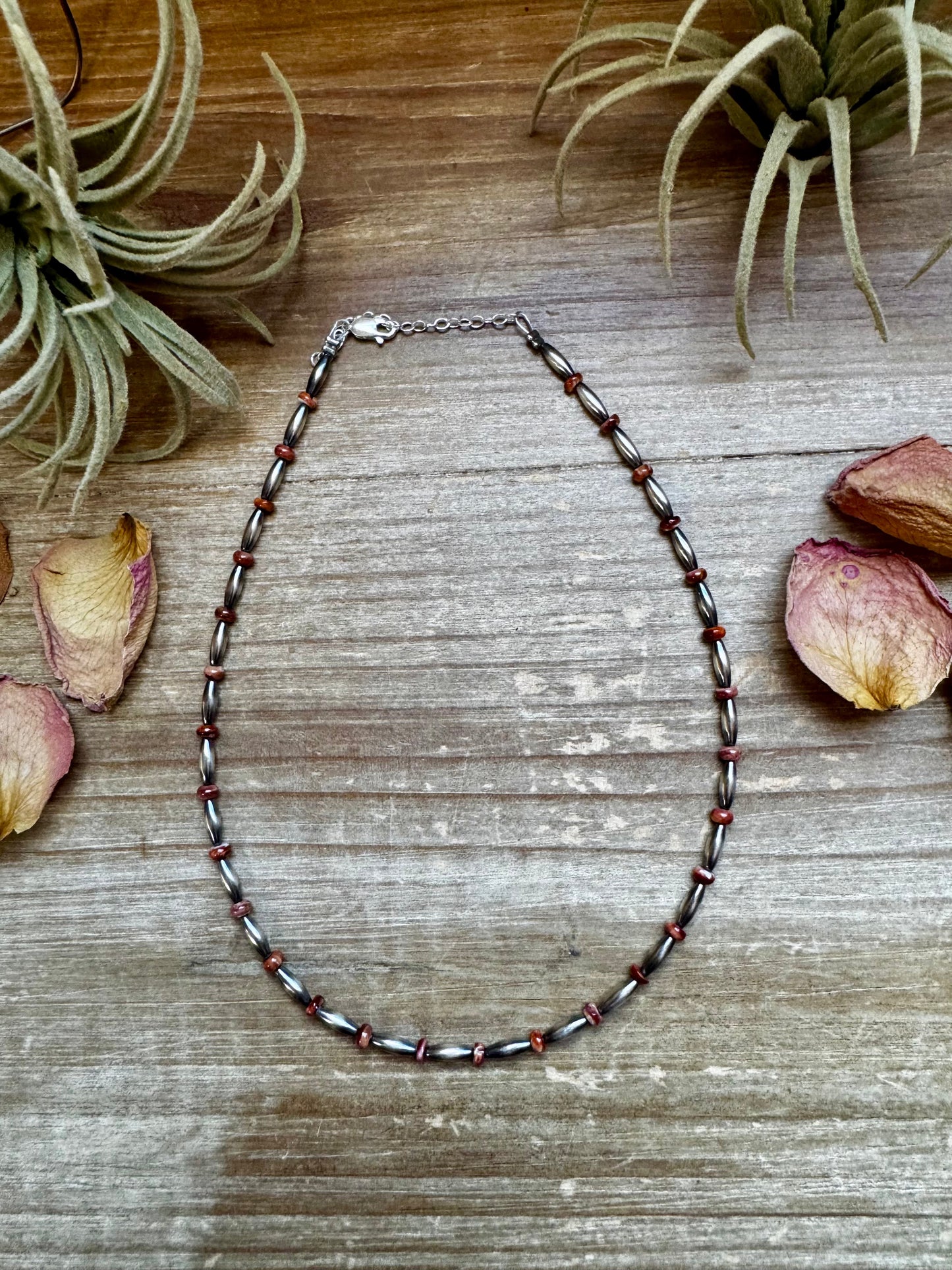 Handmade 14-inch sterling silver torpedo choker with red and purple spiny oyster heishi beads, plus extender, made by The Bijoux FAB