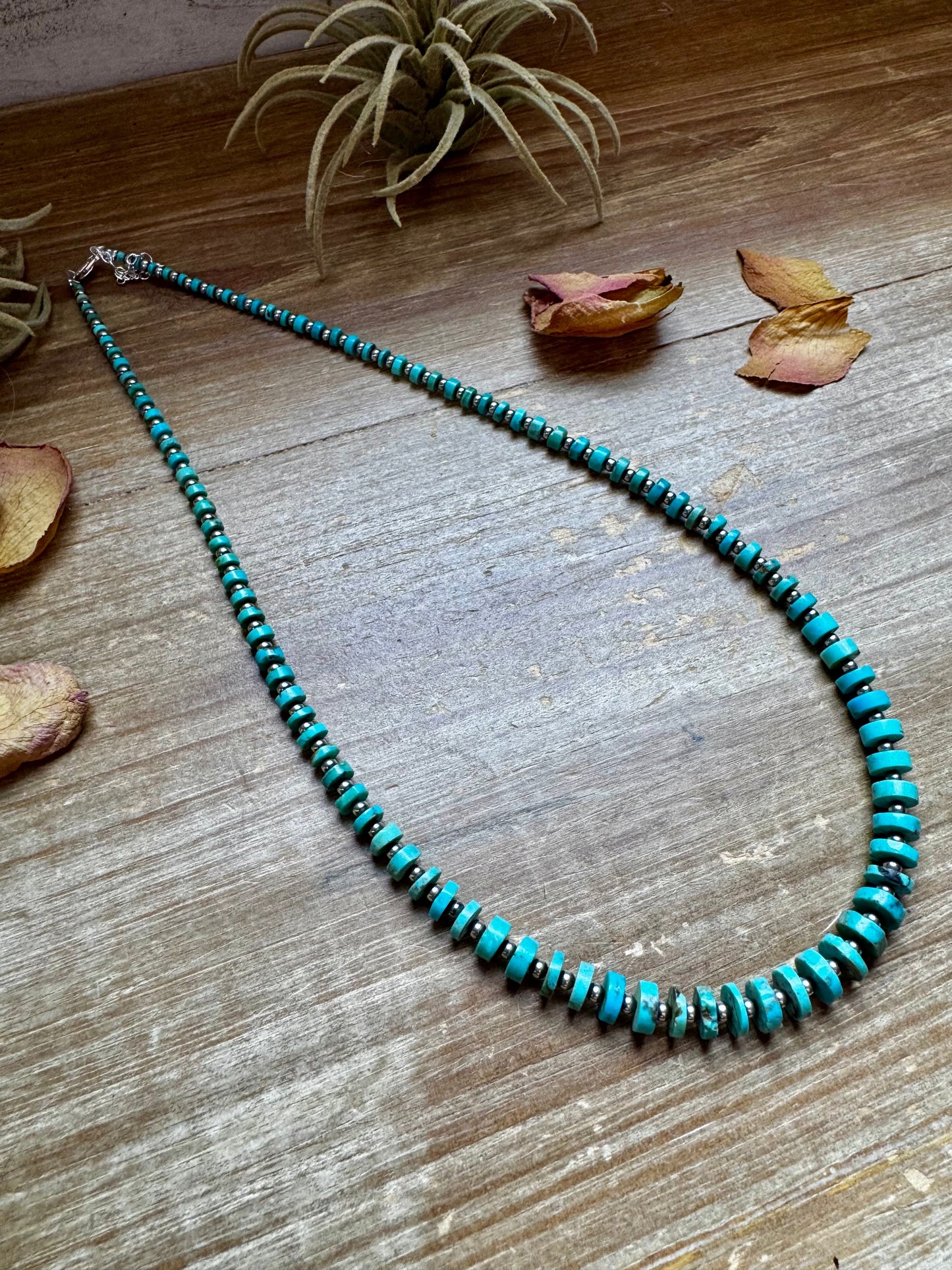 Handmade 20.5-inch turquoise disk necklace with graduated beads and 3mm sterling silver pearls, finished with lobster clasp and extender, made by The Bijoux FAB