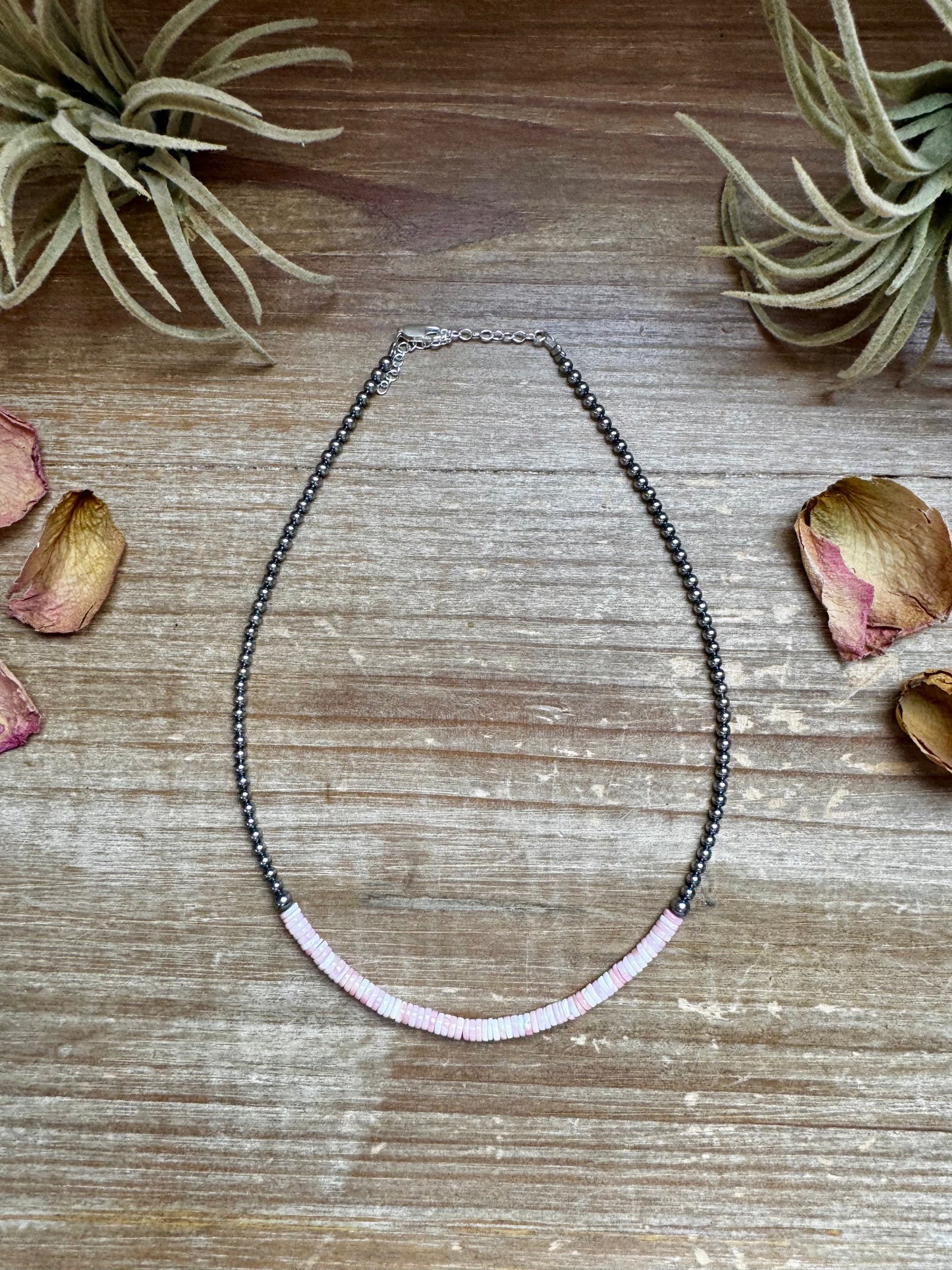 15-inch handmade necklace with pink conch heishi and sterling silver pearls, made in the USA