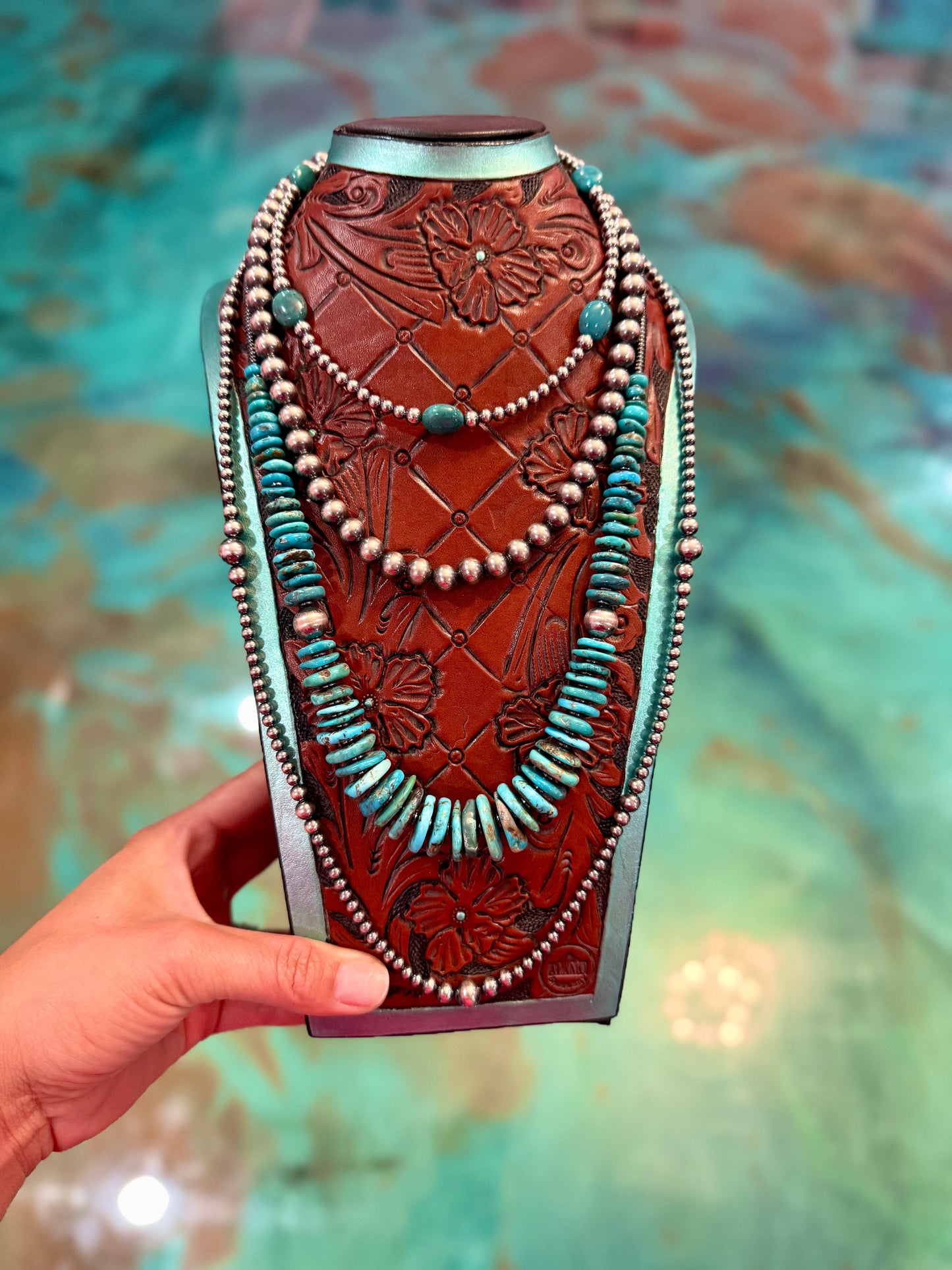 Four-piece turquoise jewelry stack with sterling silver pearls and natural turquoise handmade by The Bijoux FAB