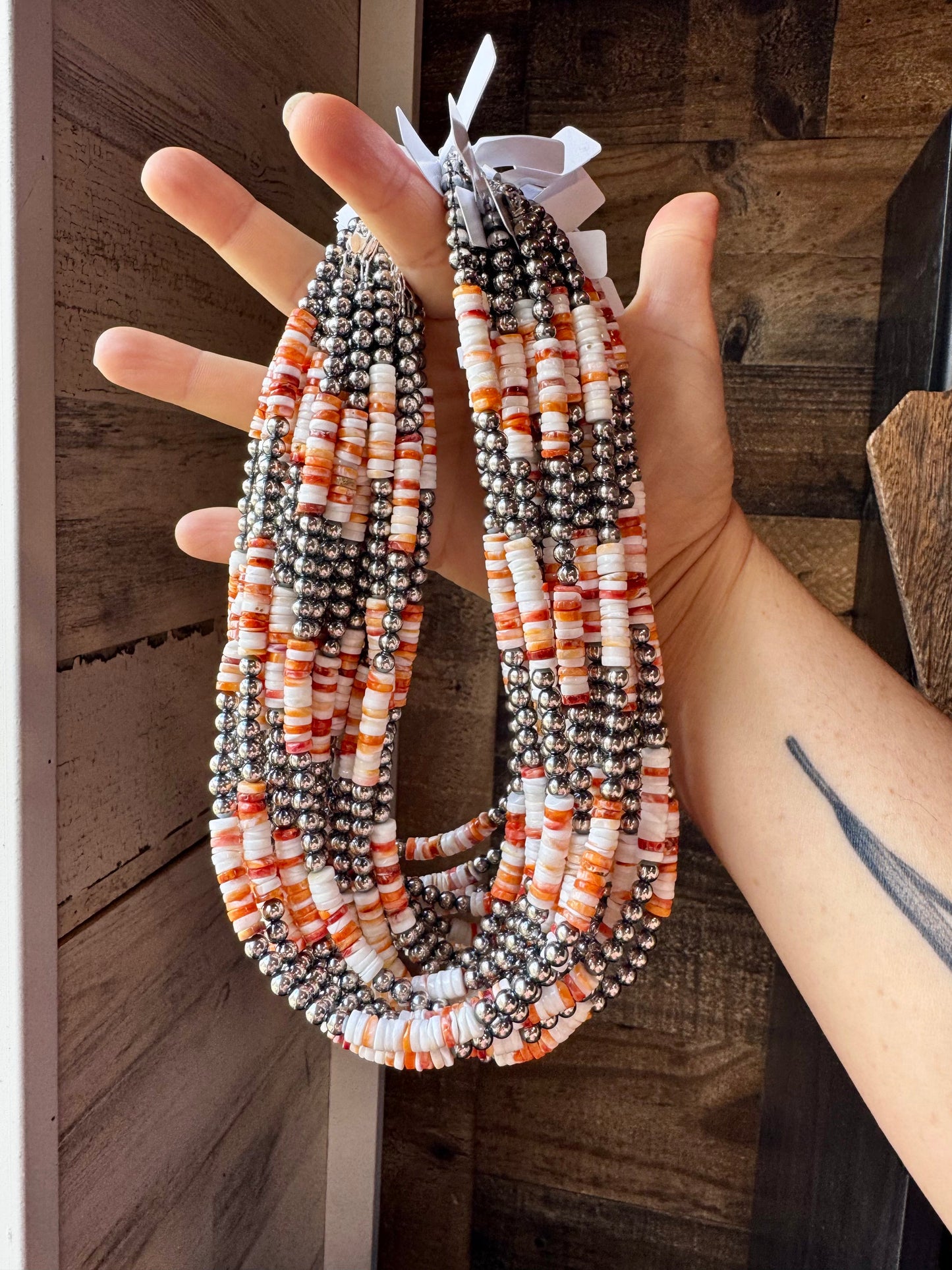 Handmade 17-inch necklace with alternating 5mm sterling silver pearls and spiny oyster beads in orange and white, finished with extender, made by The Bijoux FAB
