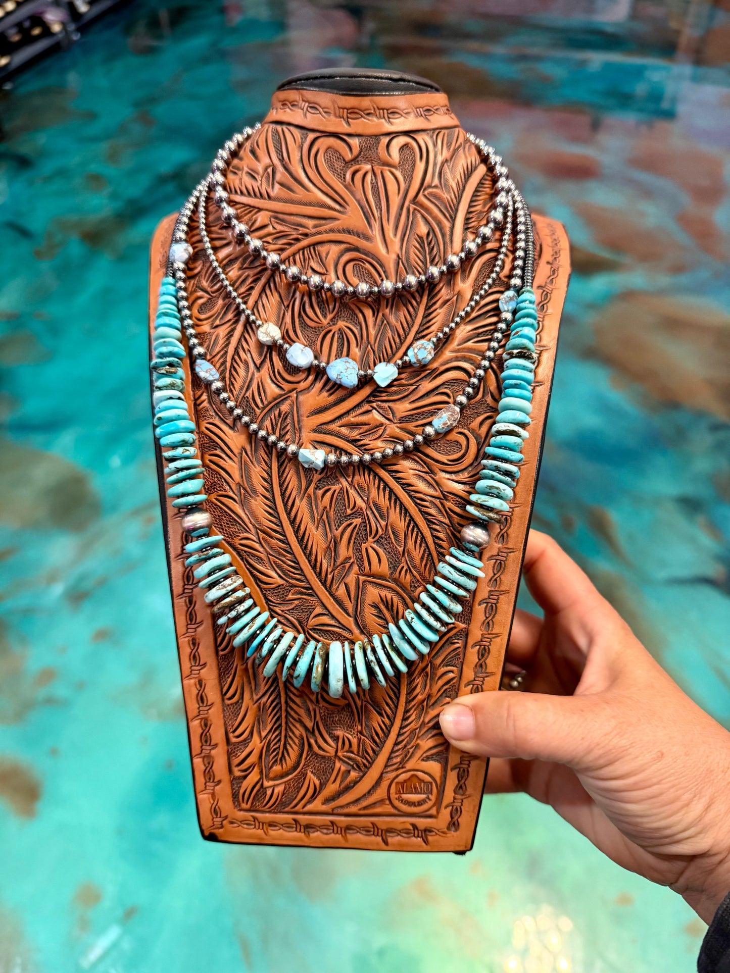 Golden Hill turquoise and sterling silver layered necklace stack handmade in the USA by The Bijoux FAB