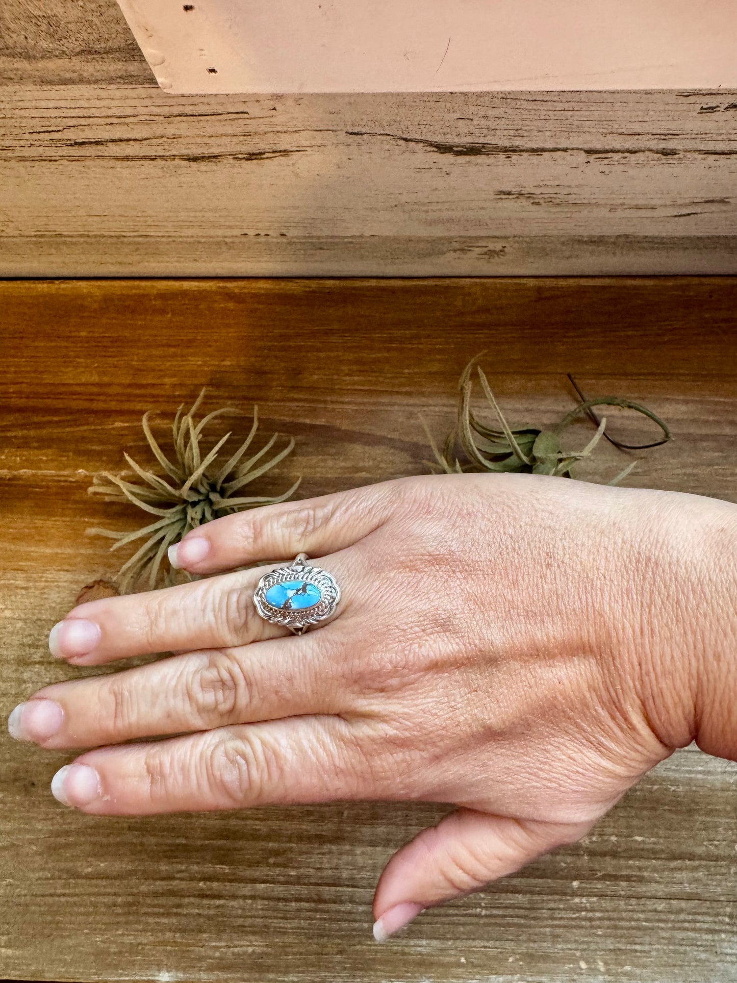 Sterling silver Golden Hills turquoise ring, size 8.5, handmade by Navajo artist Virgil Chee, one of a kind