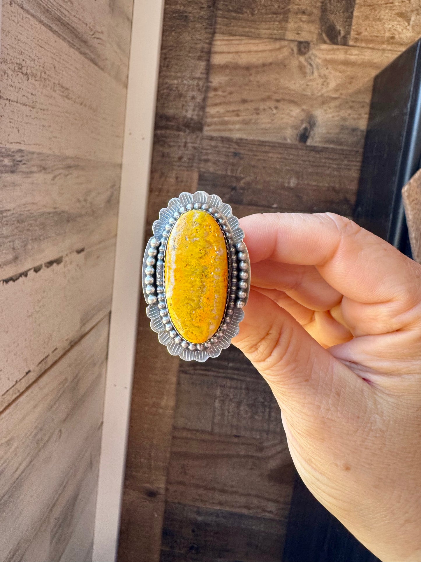 Size 9 sterling silver Bumblebee Jasper ring with wide band and stamped inside, one of a kind, USA made