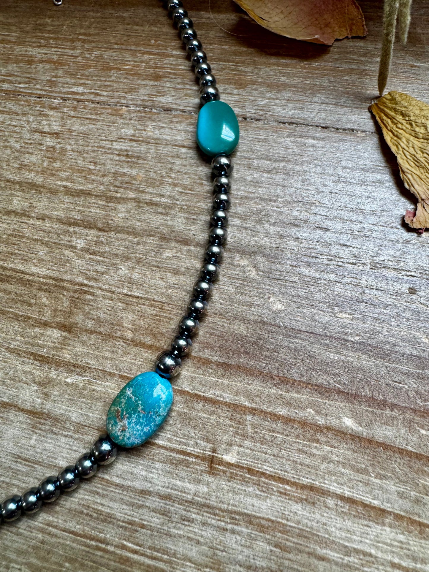 Handmade 15-inch turquoise necklace with mostly 4mm beads and accents of 5mm beads, finished with extender chain, made by The Bijoux FAB