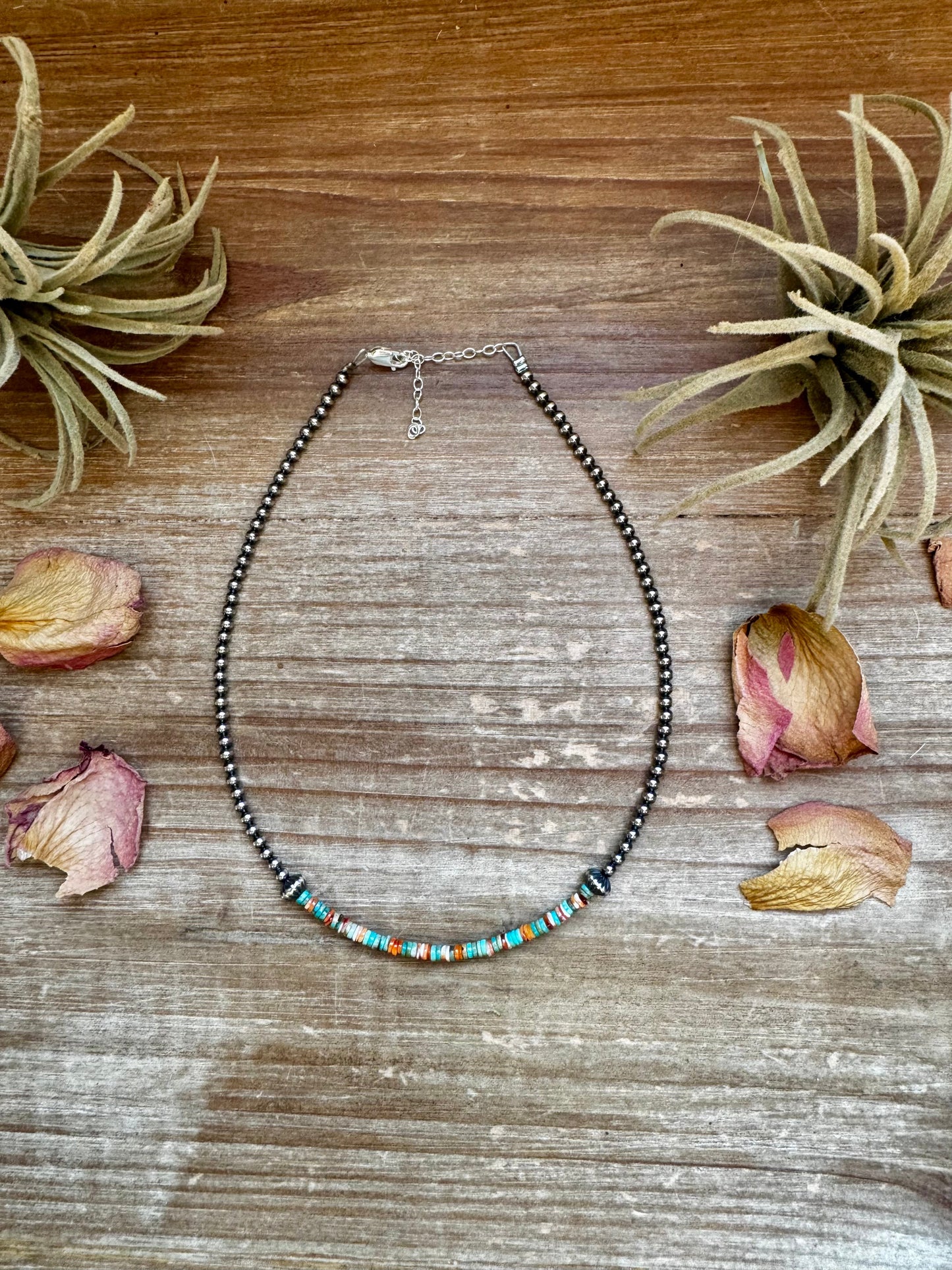 Handmade sterling silver pearl choker with turquoise and spiny oyster heishi beads, 14 inches + 2-inch extender, made by The Bijoux FAB in Texas