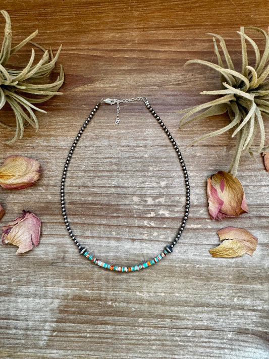 Handmade sterling silver pearl choker with turquoise and spiny oyster heishi beads, 14 inches + 2-inch extender, made by The Bijoux FAB in Texas