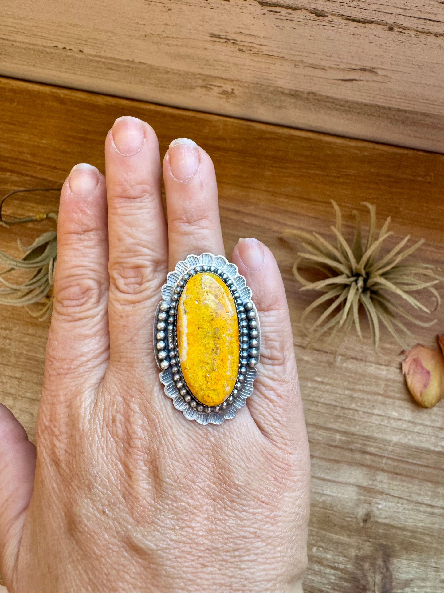 Size 9 sterling silver Bumblebee Jasper ring with wide band and stamped inside, one of a kind, USA made
