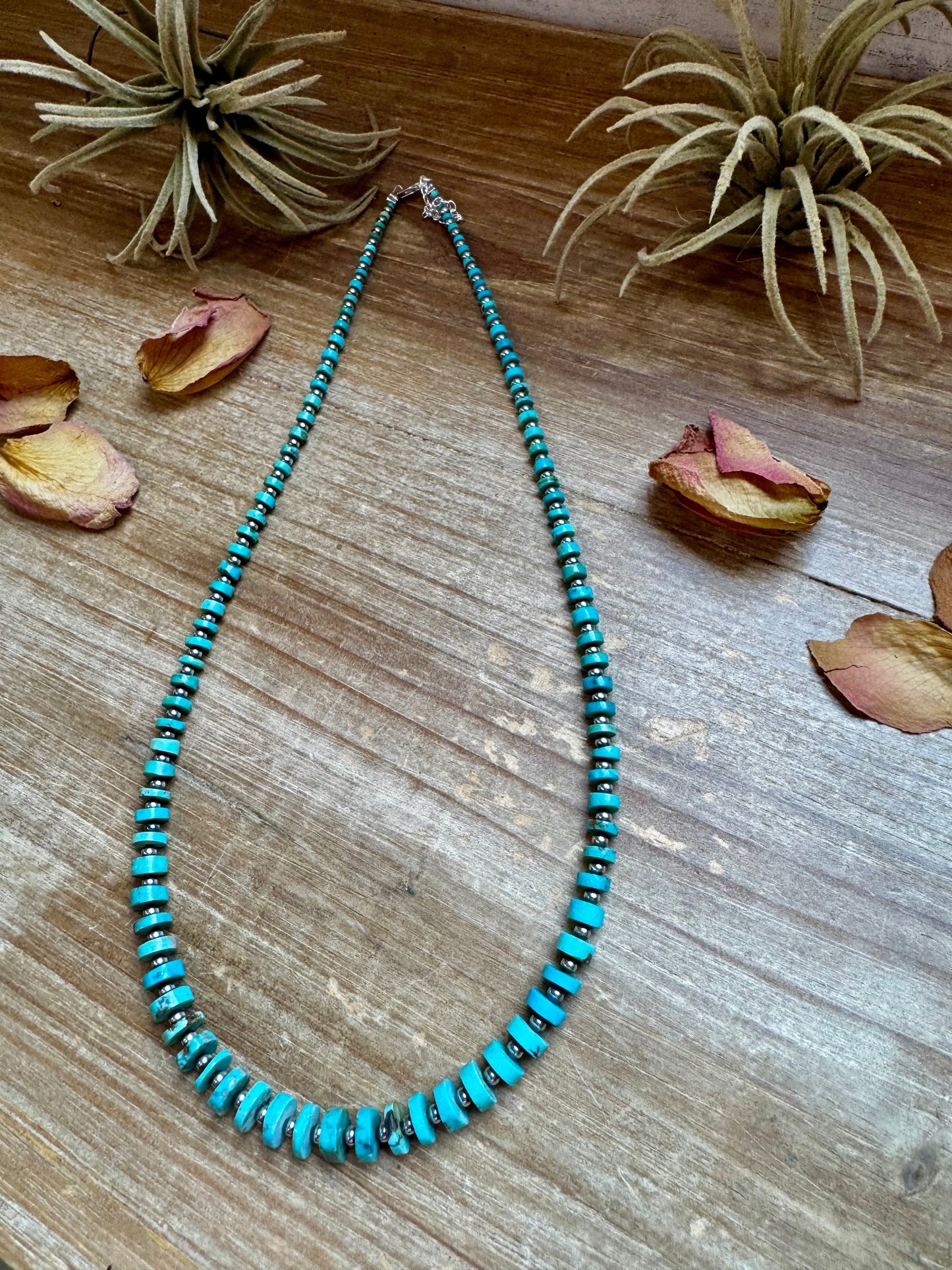 Handmade 20.5-inch turquoise disk necklace with graduated beads and 3mm sterling silver pearls, finished with lobster clasp and extender, made by The Bijoux FAB