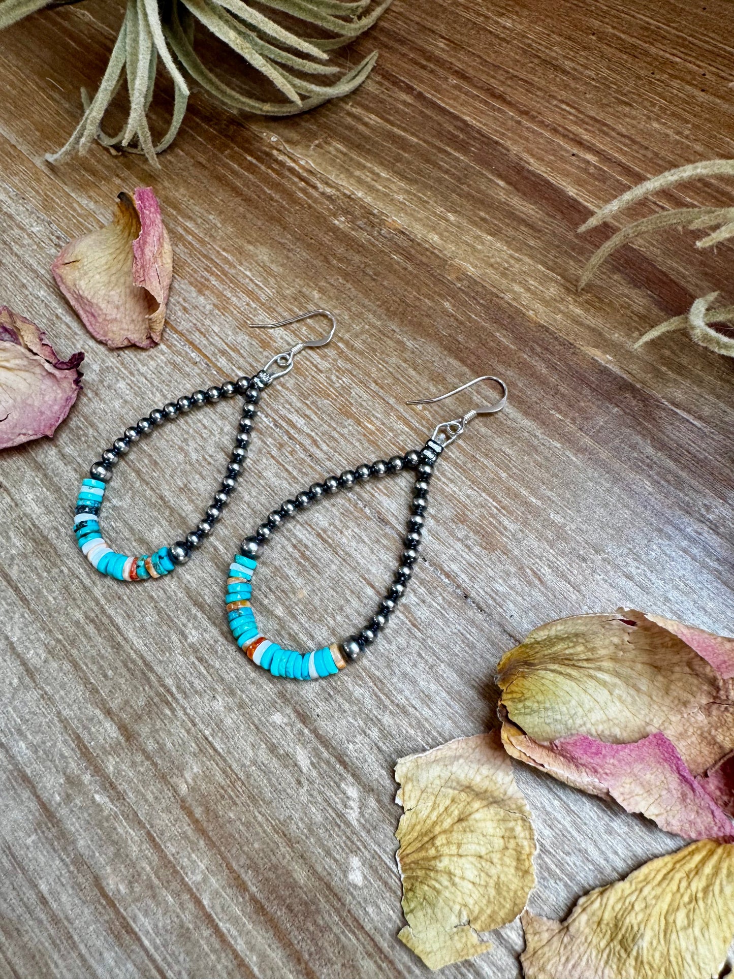 Handmade sterling silver pearl and blue-orange heishi bead drop earrings, 2.5 inches long, made by The Bijoux FAB