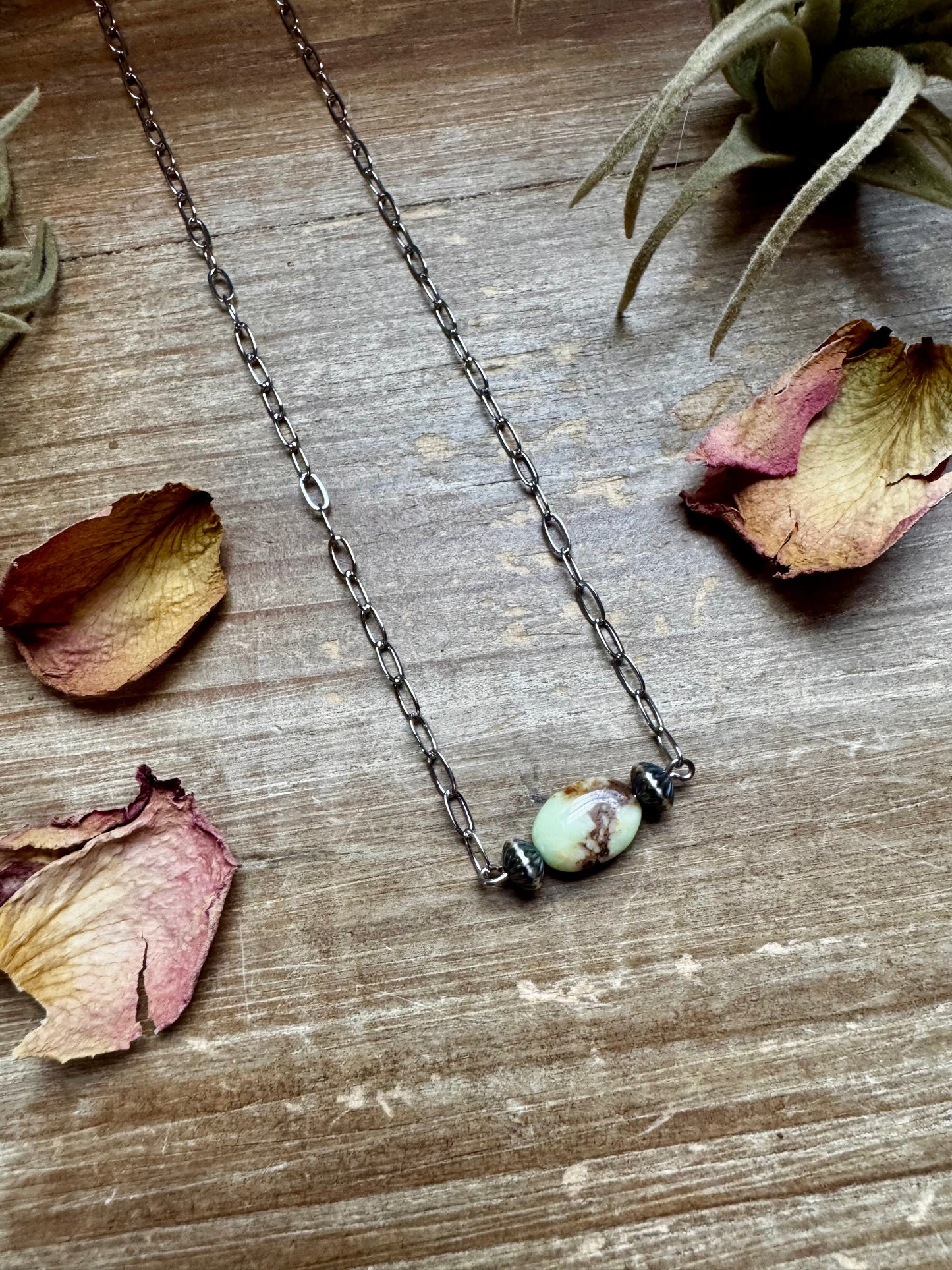 Handmade 16-inch lemon turquoise magnesite necklace with sterling silver saucer pearls and silver-plated chain, made by The Bijoux FAB