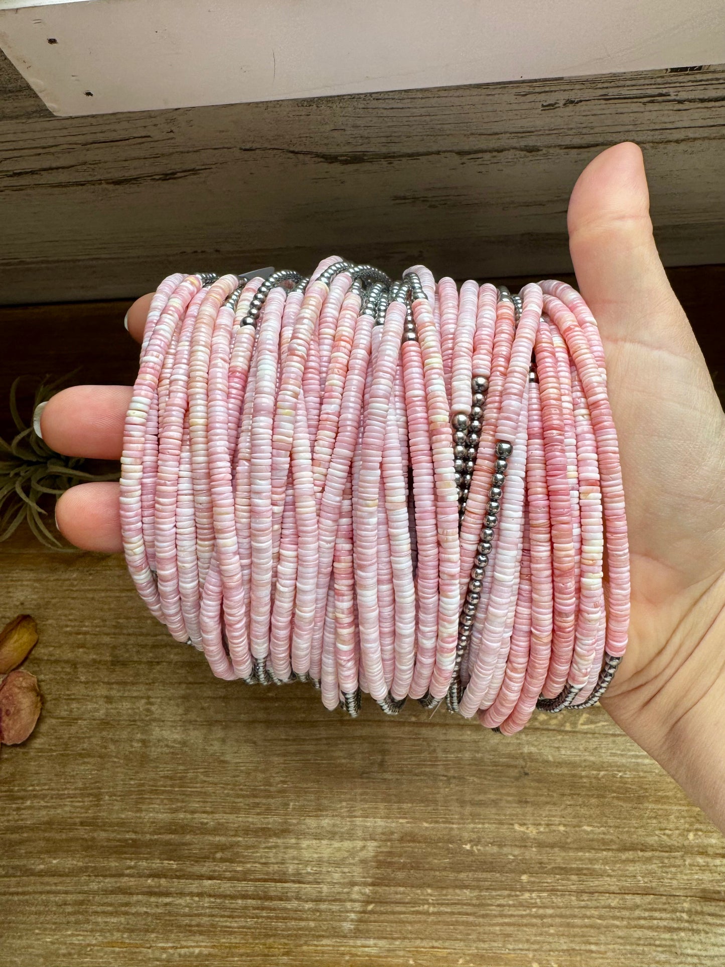15-inch handmade necklace with pink conch heishi and sterling silver pearls, made in the USA